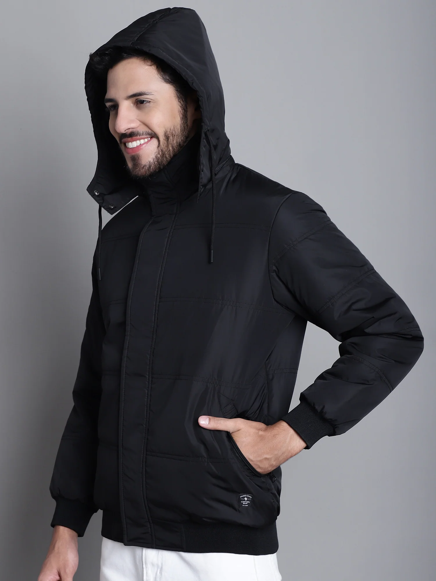 Solid Black Full Sleeves Hooded Neck Regular Fit Casual Jacket For Mens - Image 3