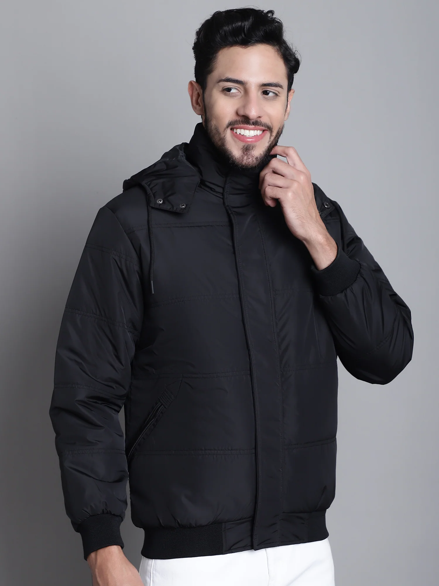 Solid Black Full Sleeves Hooded Neck Regular Fit Casual Jacket For Mens - Image 4
