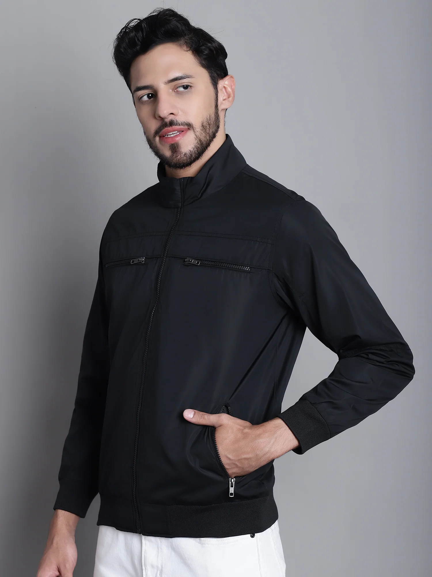Solid Black Full Sleeves Mock Collar Regular Fit Casual Jacket for Men - Image 3