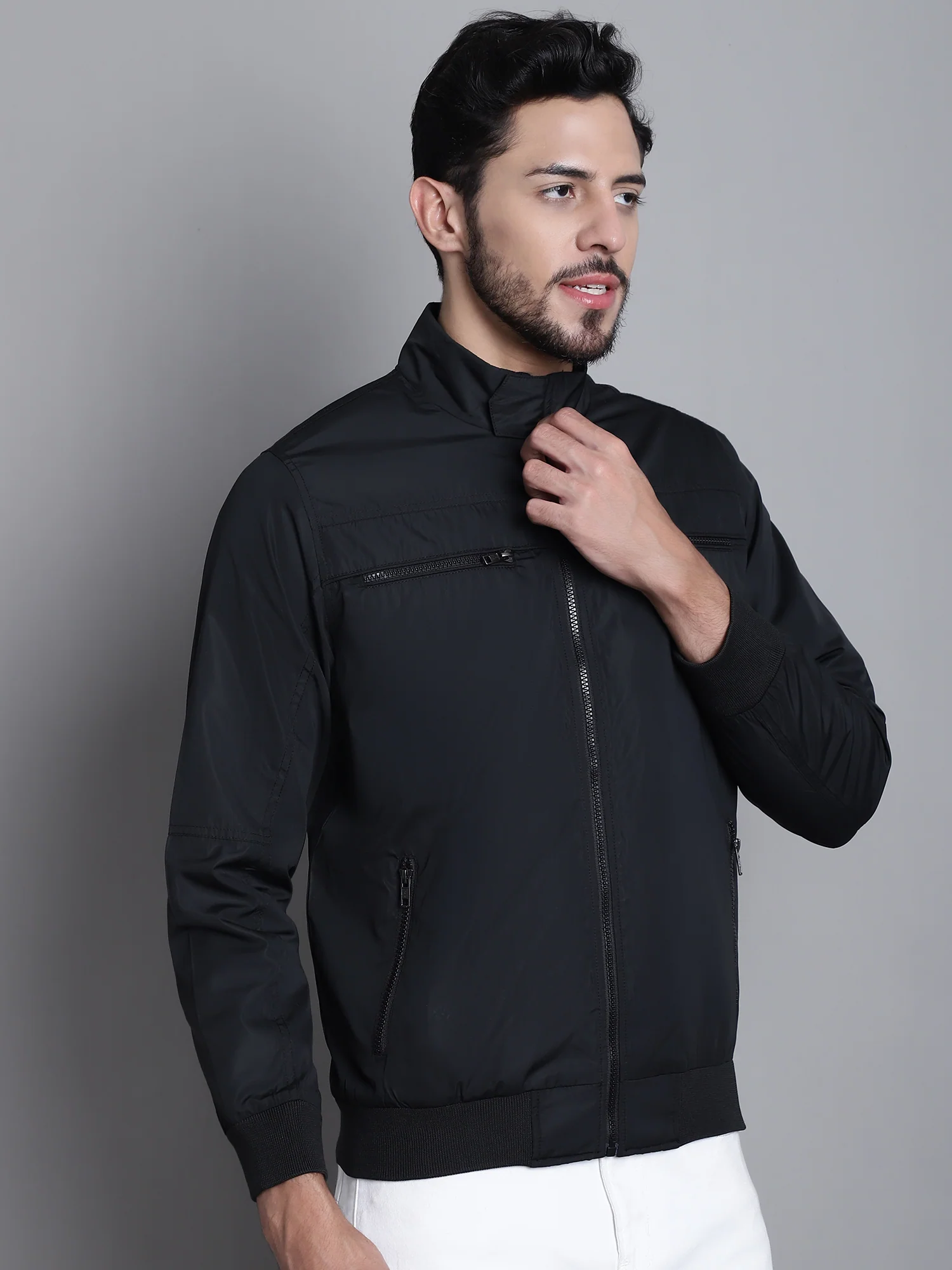 Solid Black Full Sleeves Mock Collar Regular Fit Casual Jacket for Men - Image 4
