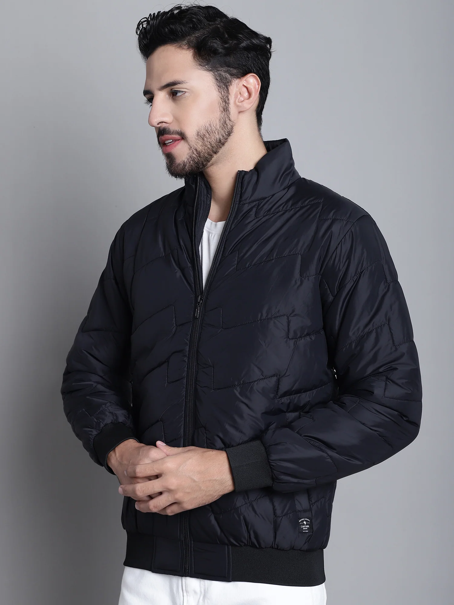 Solid Black Full Sleeves Mock Collar Regular Fit Casual Jacket for Men - Image 3
