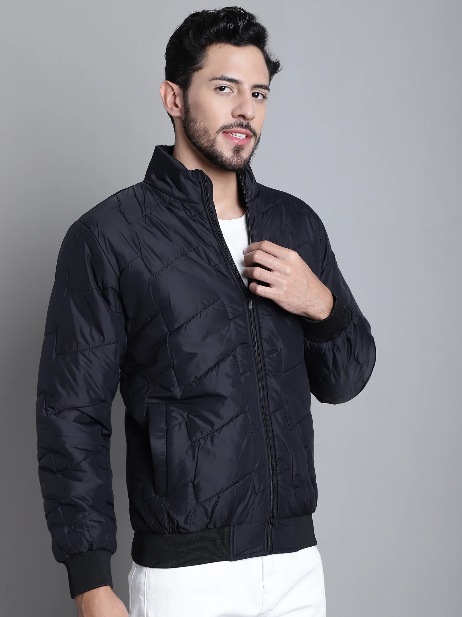 Solid Black Full Sleeves Mock Collar Regular Fit Casual Jacket for Men - Image 4