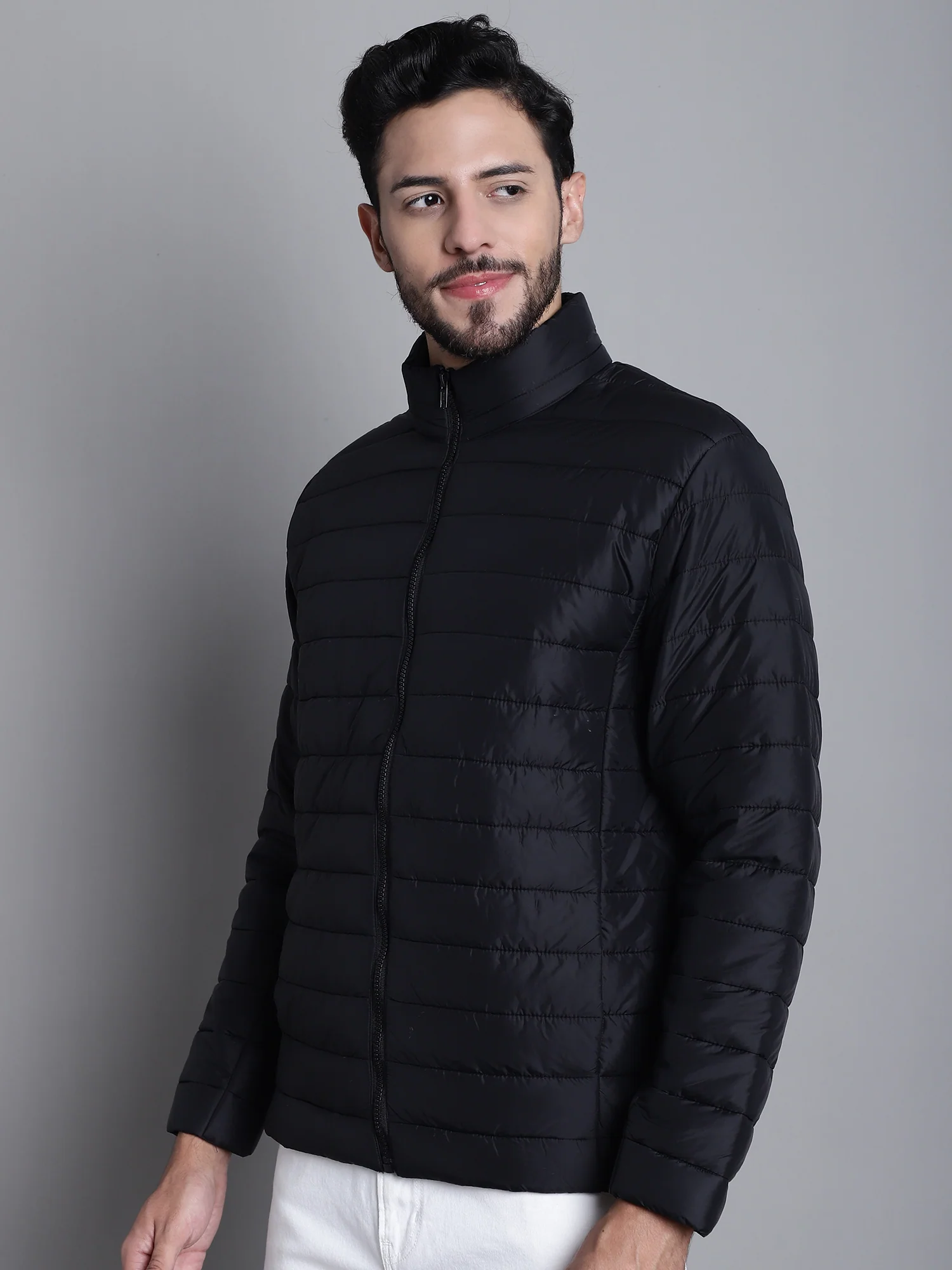 Solid Black Full Sleeves Mock Collar Regular Fit Casual Jacket for Men - Image 3