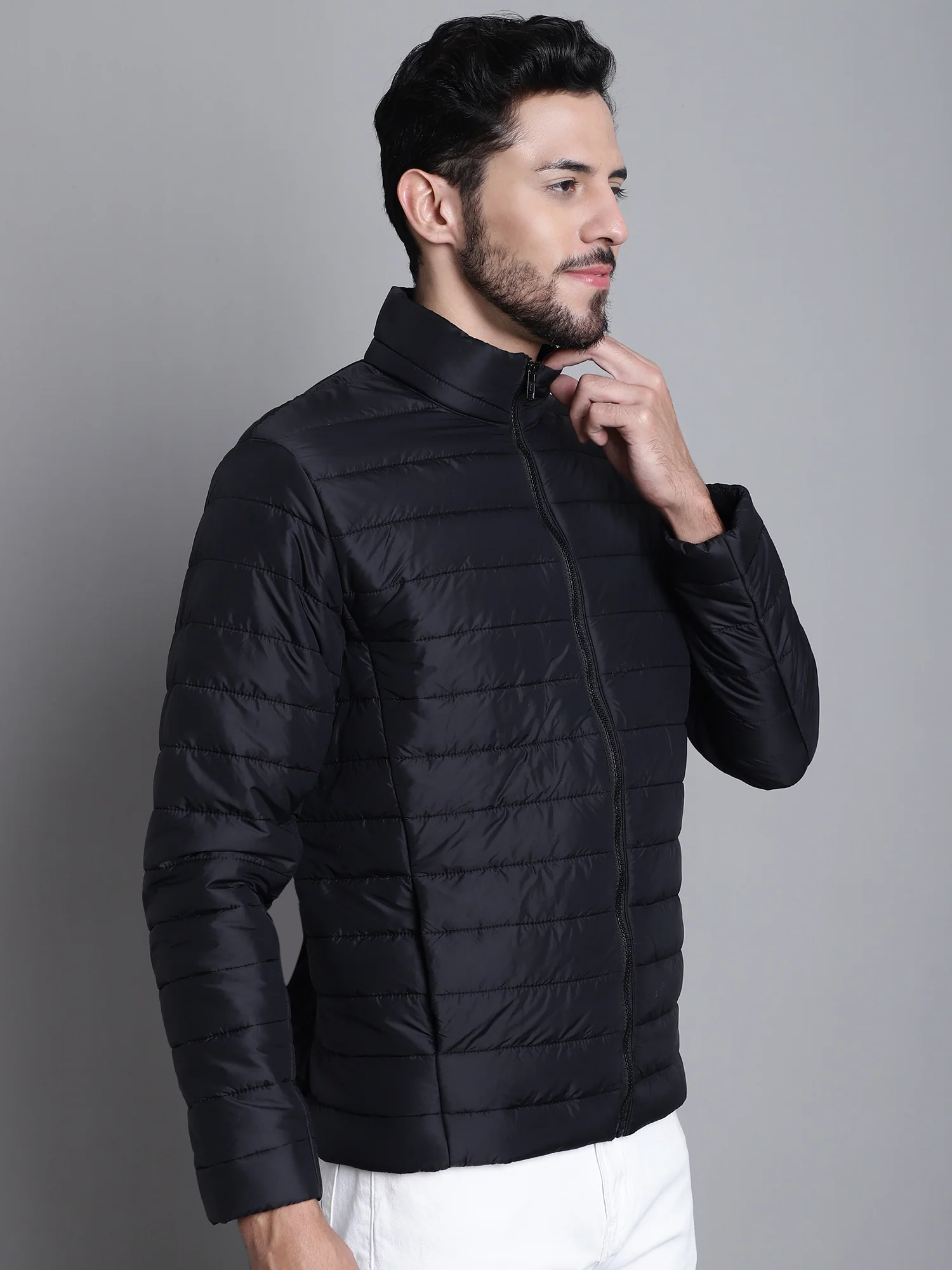 Solid Black Full Sleeves Mock Collar Regular Fit Casual Jacket for Men - Image 4