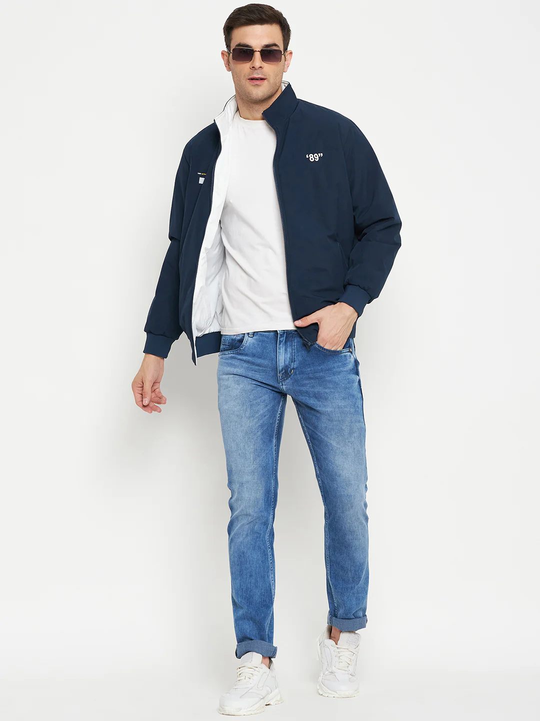 Solid Blue and White Full Sleeves Mock Collar Regular Fit Reversible Casual Jacket for Men - Image 2