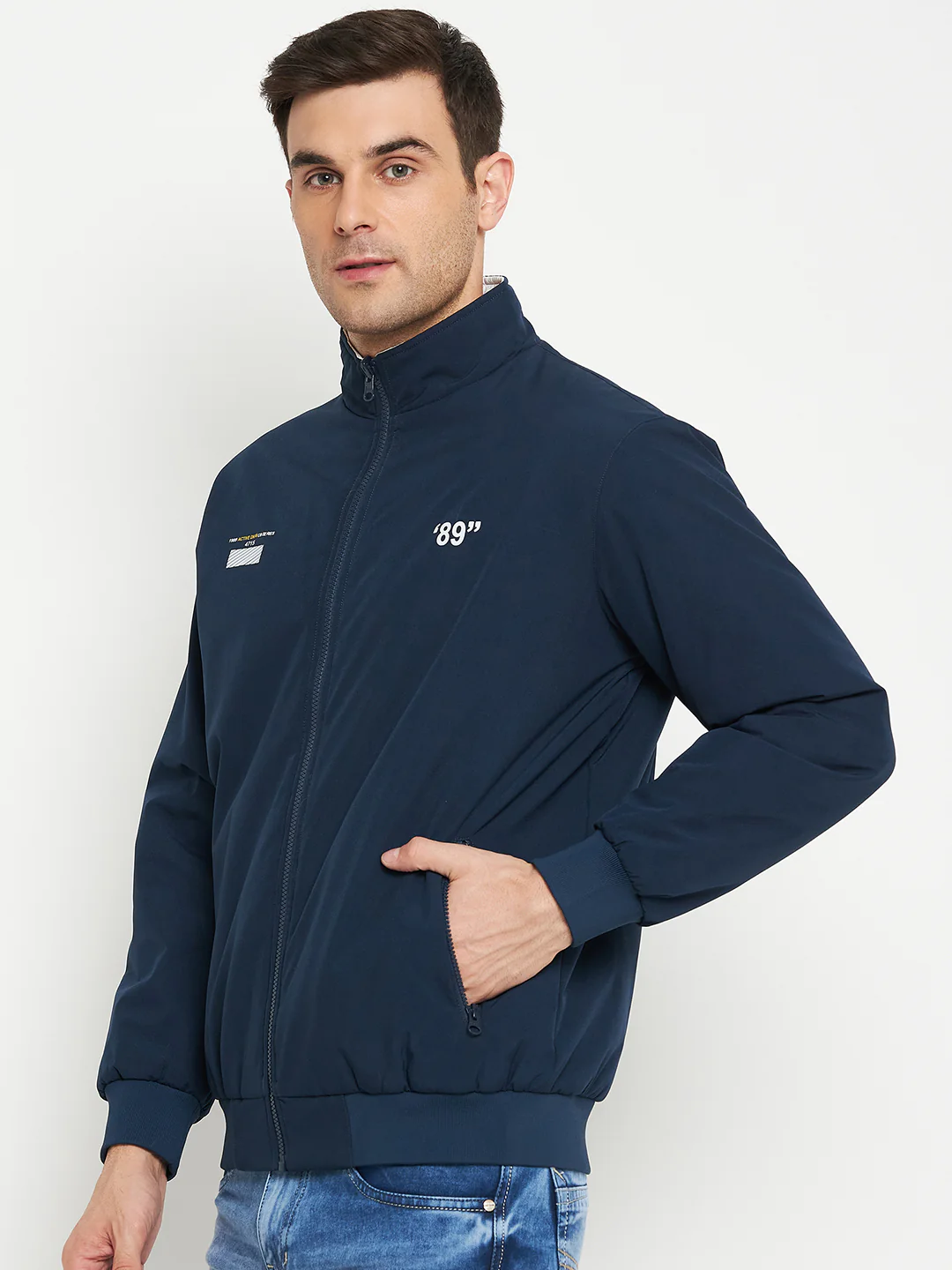 Solid Blue and White Full Sleeves Mock Collar Regular Fit Reversible Casual Jacket for Men - Image 3