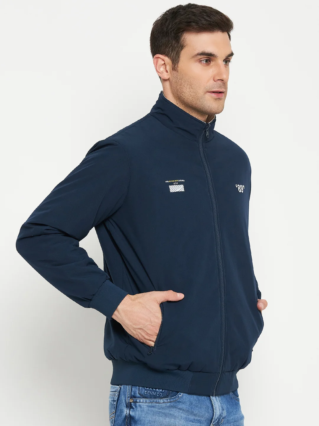 Solid Blue and White Full Sleeves Mock Collar Regular Fit Reversible Casual Jacket for Men - Image 4