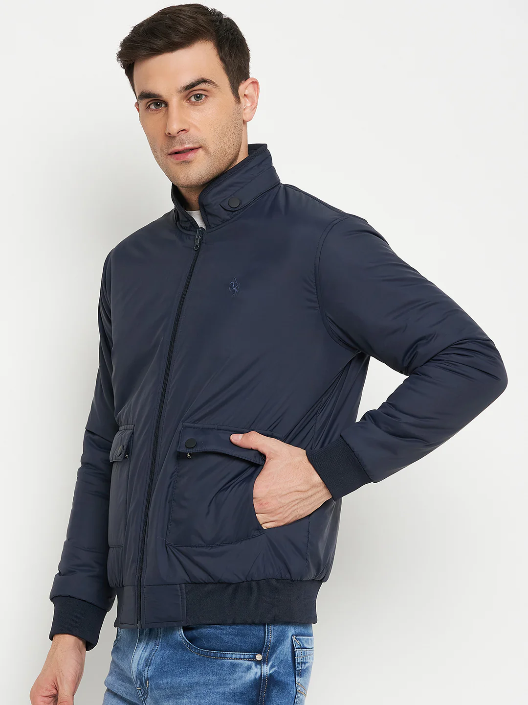 Solid Blue and olive Full Sleeves Mock Collar Regular Fit Reversible Casual Jacket for Men - Image 3