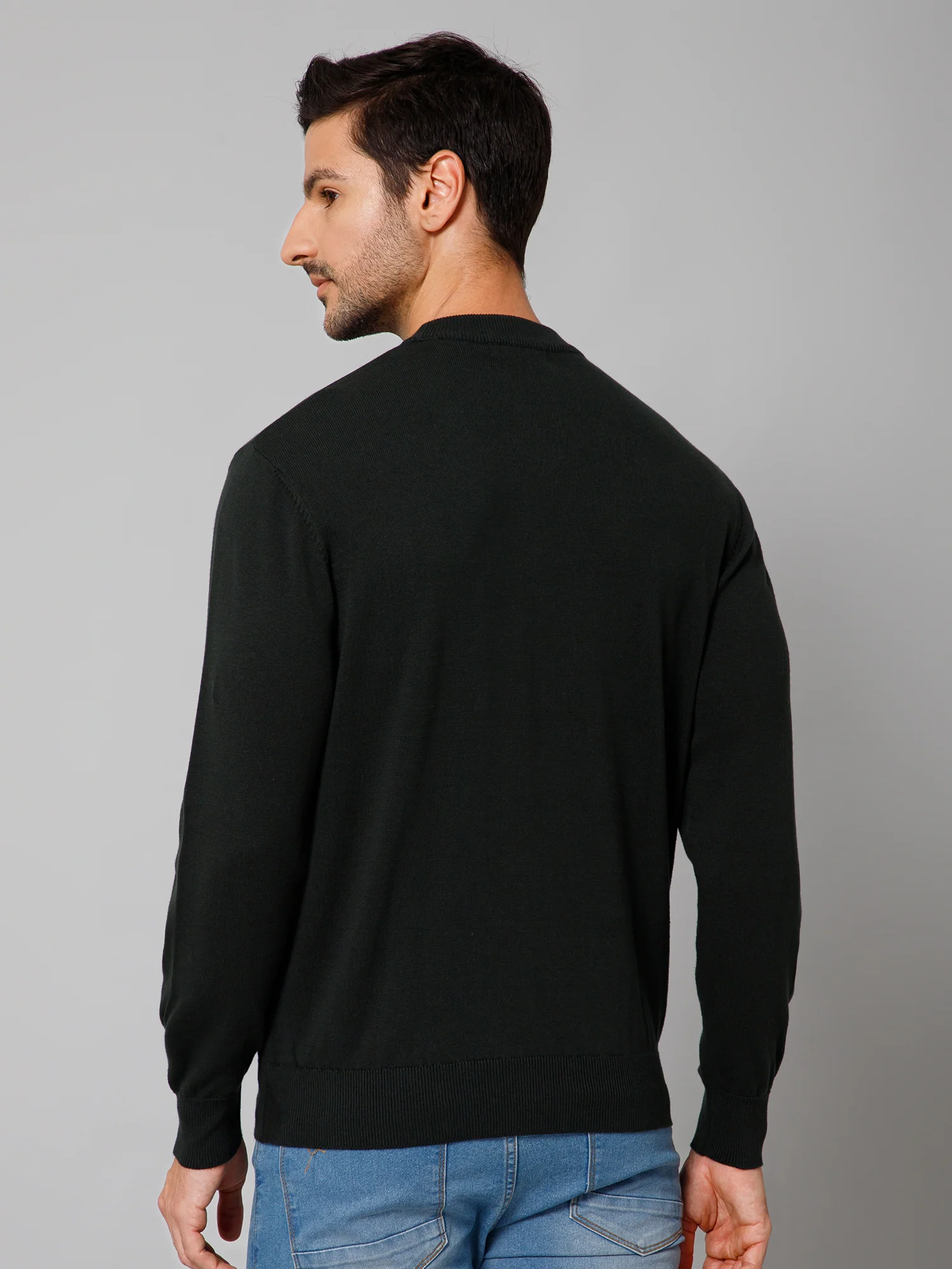 Solid Bottle Green Full Sleeves Round Neck Regular Fit Casual Sweater for Men - Image 4