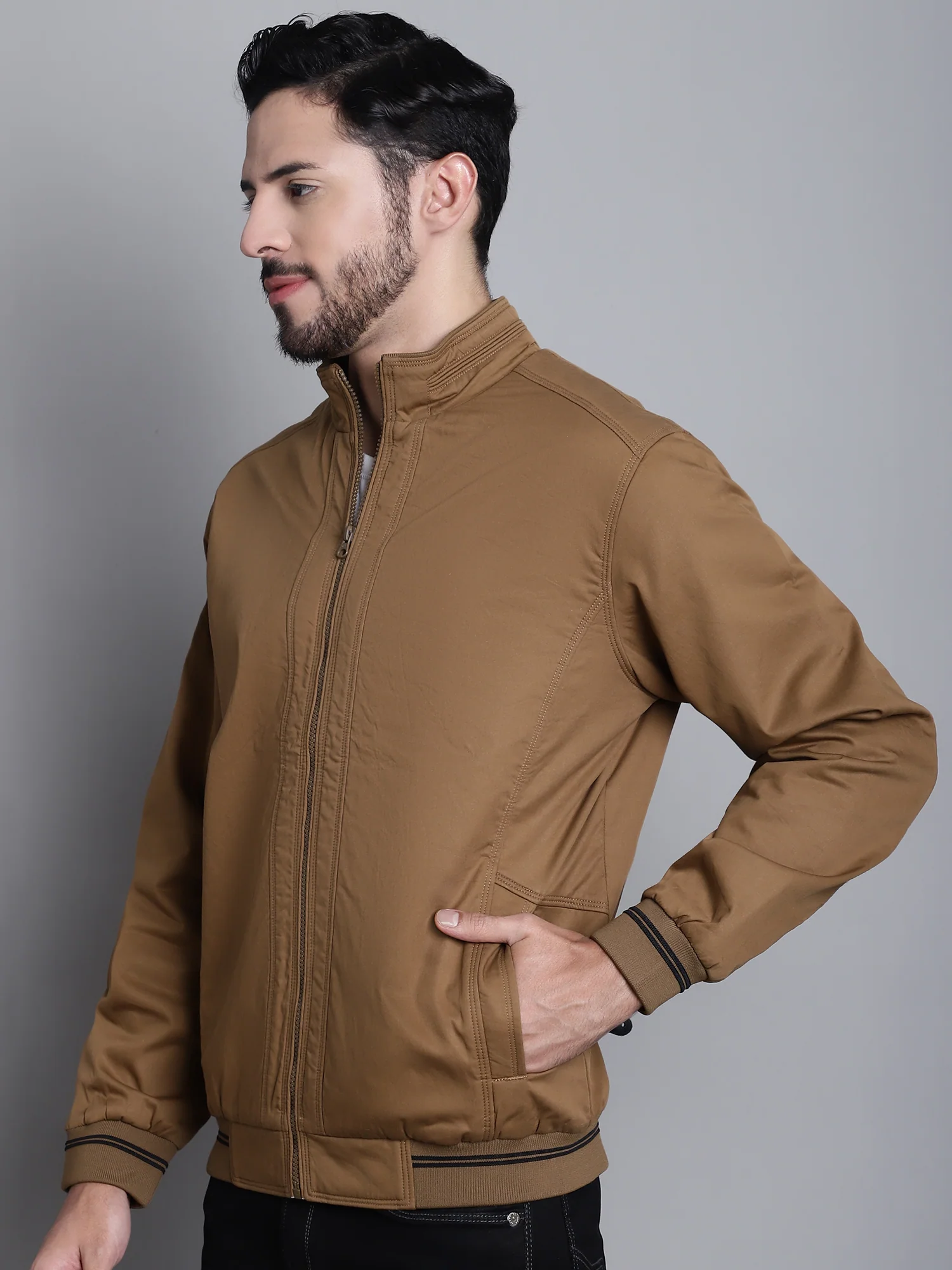 Solid Brown Full Sleeves Mock Collar Regular Fit Casual Jacket for Mens - Image 3