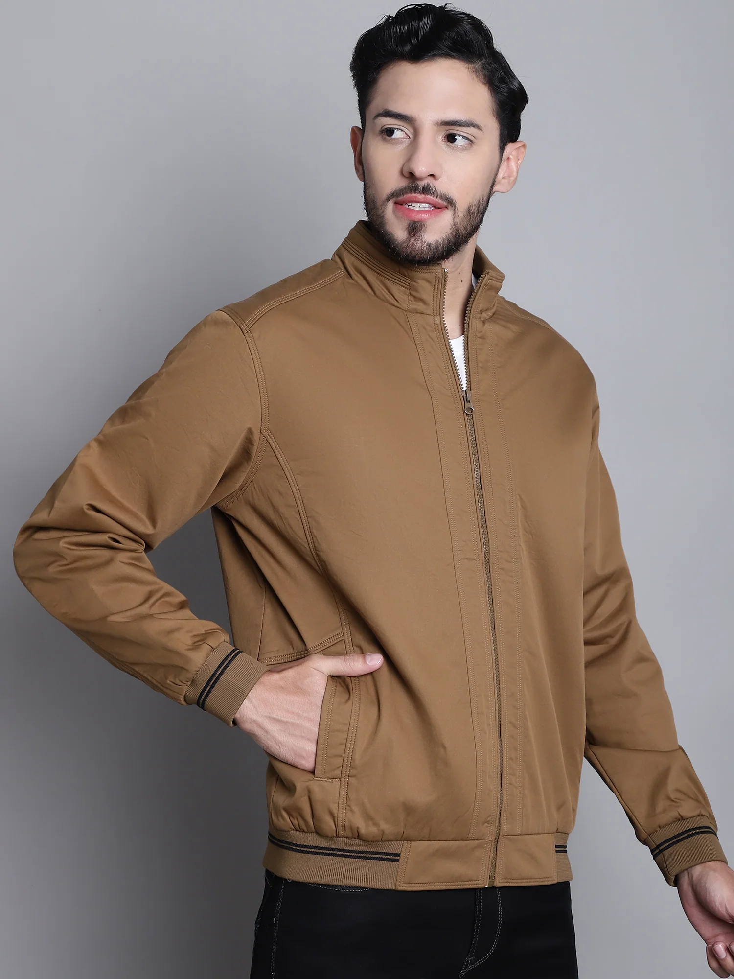 Solid Brown Full Sleeves Mock Collar Regular Fit Casual Jacket for Mens - Image 4