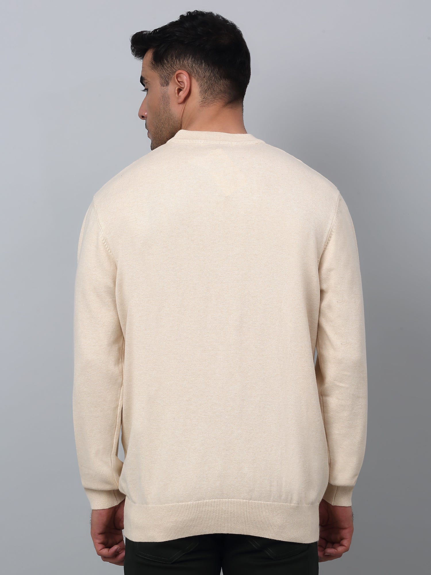 Solid Beige Full Sleeves Round Neck Light Winter Wear Casual Sweater for Men - Image 2