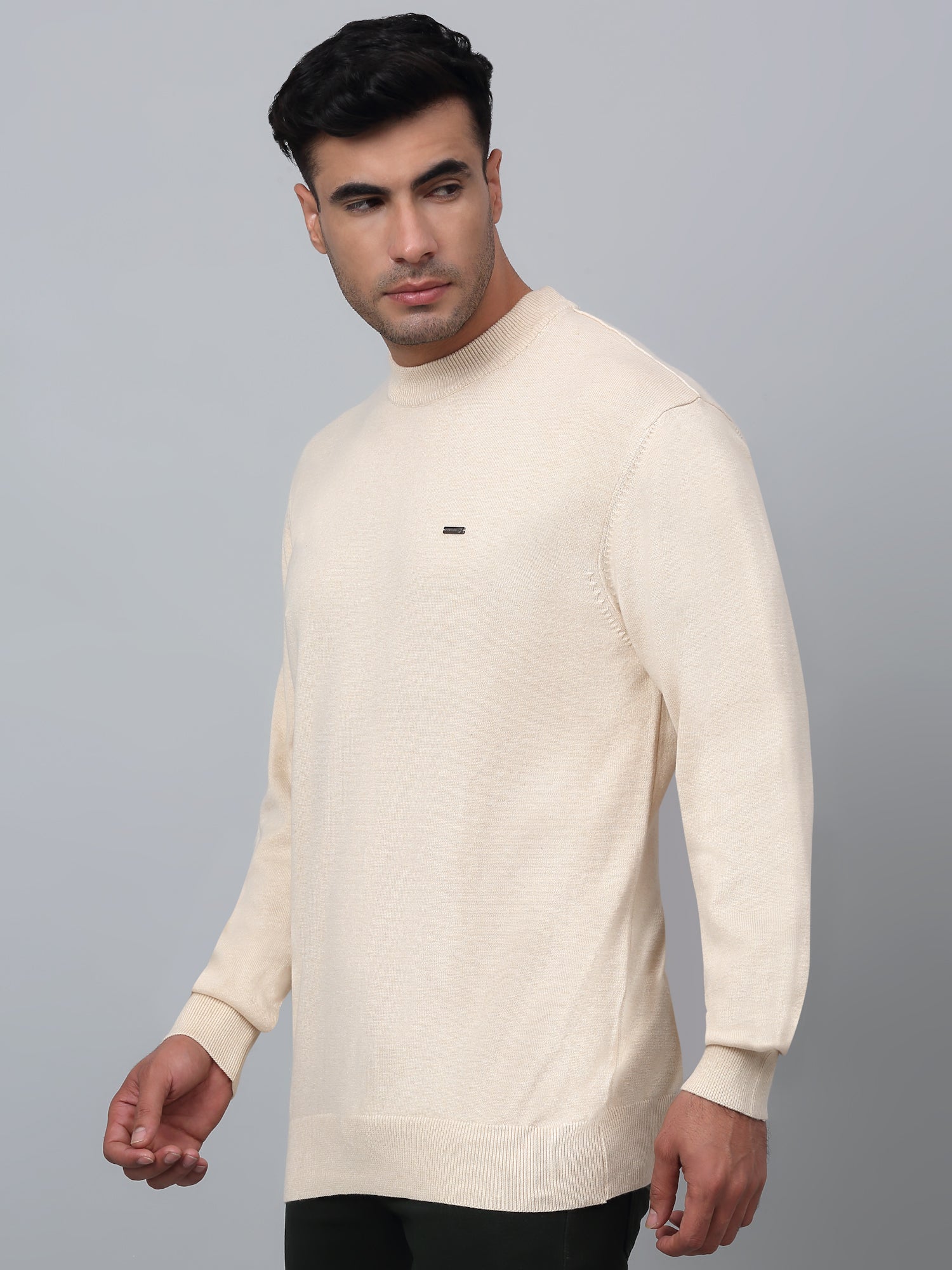Solid Beige Full Sleeves Round Neck Light Winter Wear Casual Sweater for Men - Image 3