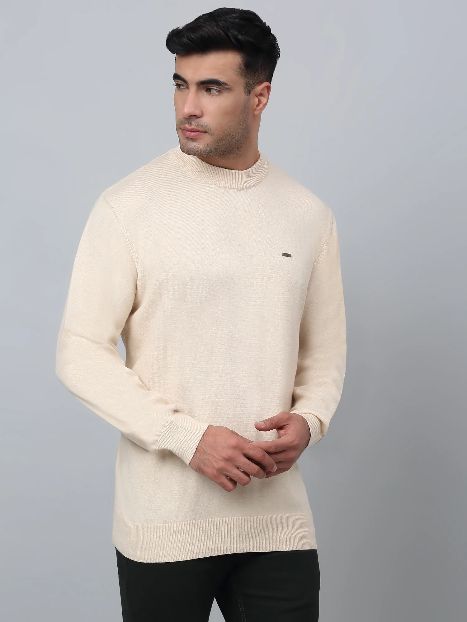 Solid Beige Full Sleeves Round Neck Light Winter Wear Casual Sweater for Men - Image 4