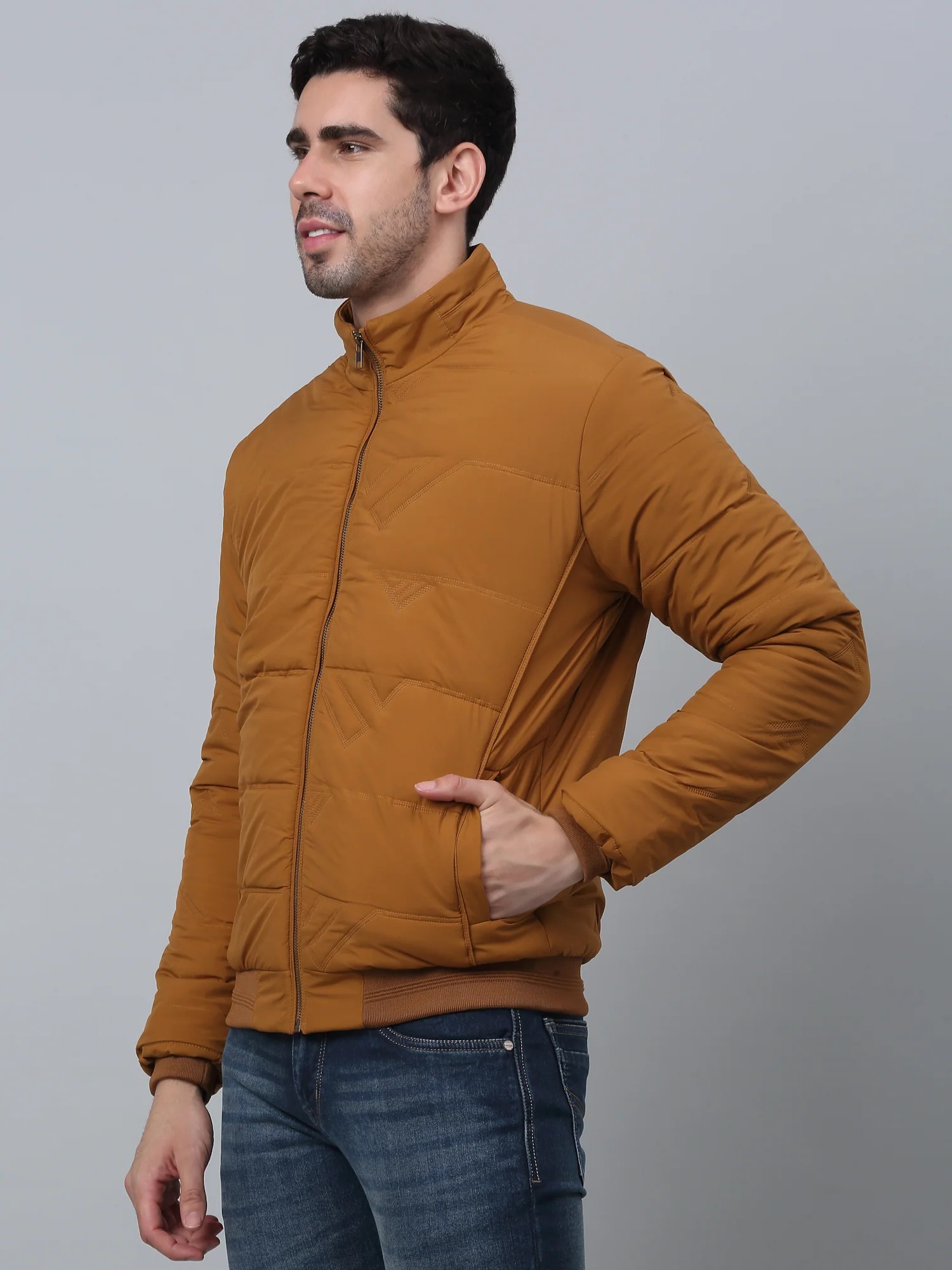 Solid Full Sleeves Band Collar Regular Fit Mustard Casual Jacket for Men - Image 2