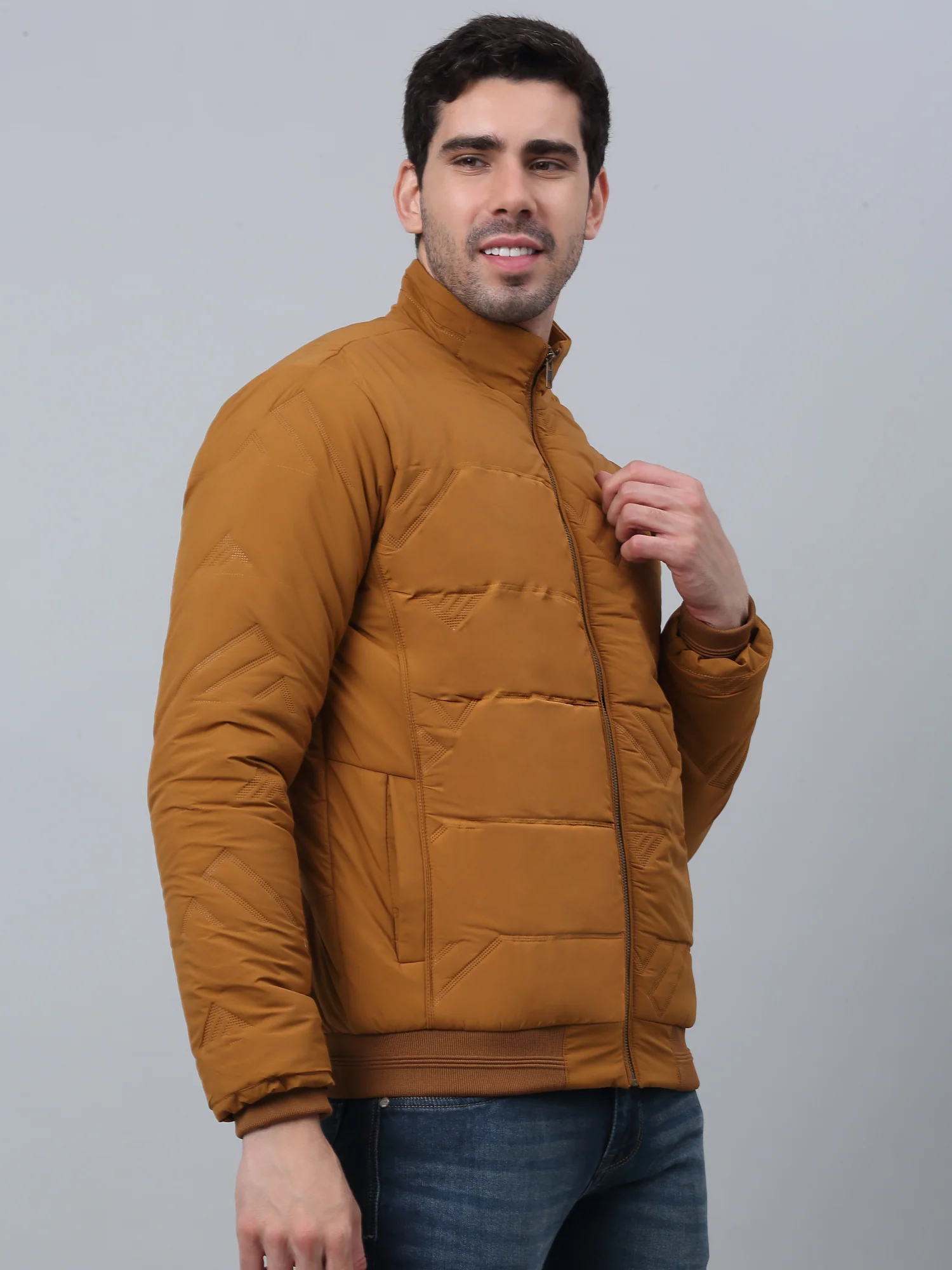 Solid Full Sleeves Band Collar Regular Fit Mustard Casual Jacket for Men - Image 3