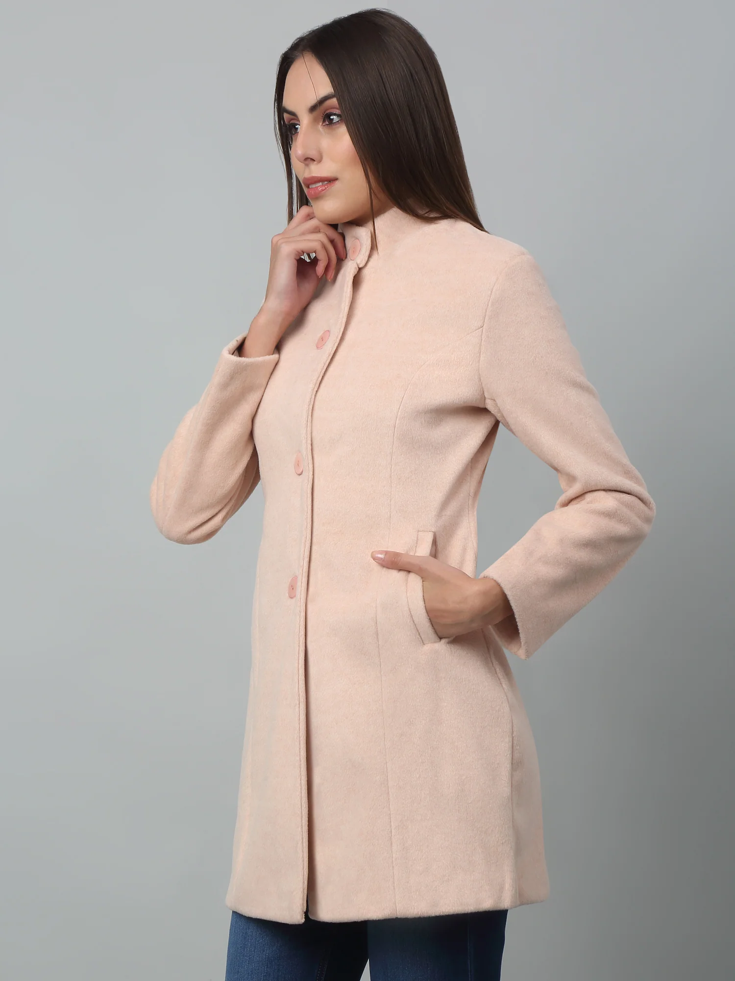 Women's Casual  Pink Single breasted  Stand Collar Long Coat - Image 2