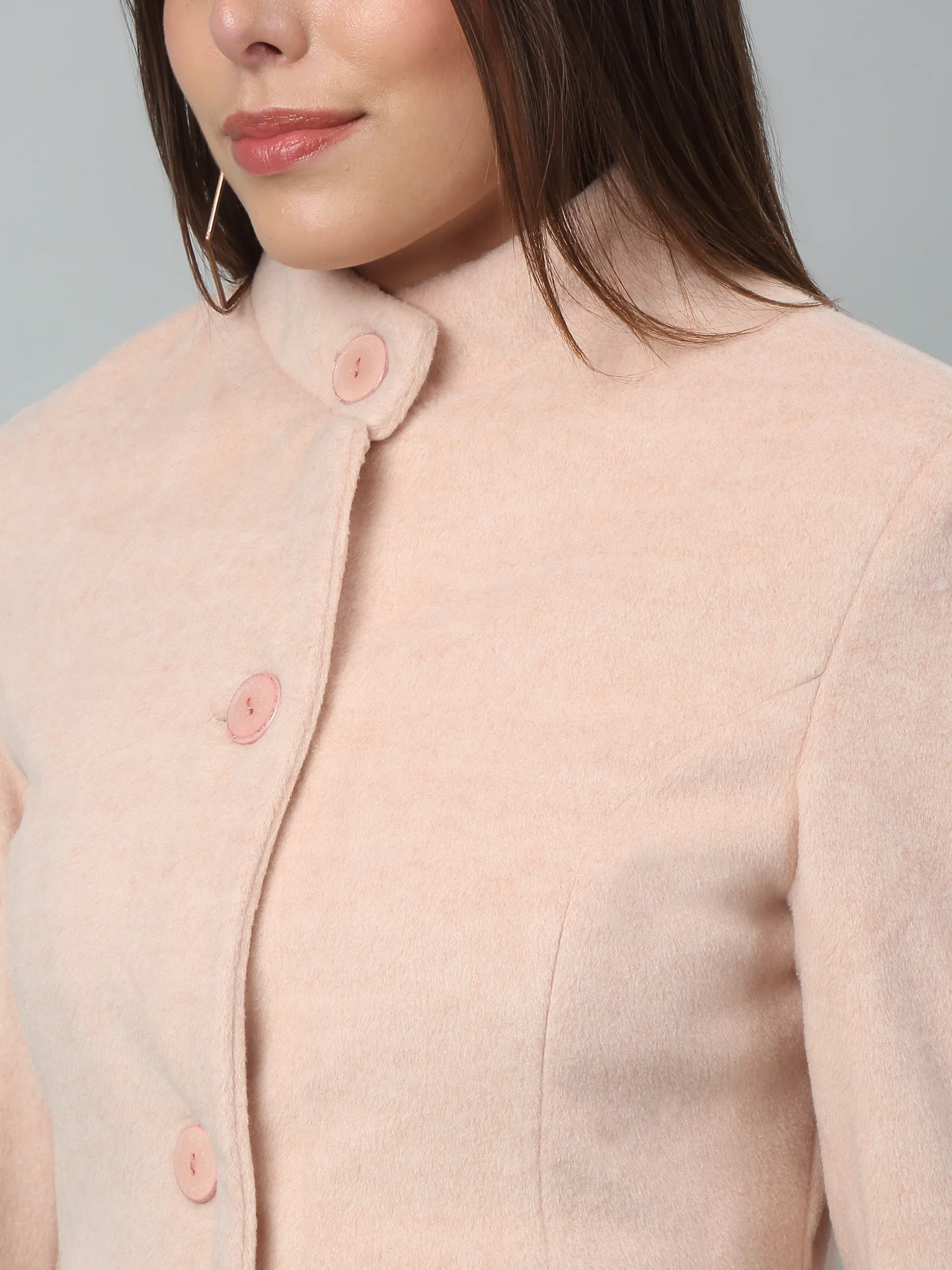 Women's Casual  Pink Single breasted  Stand Collar Long Coat - Image 4