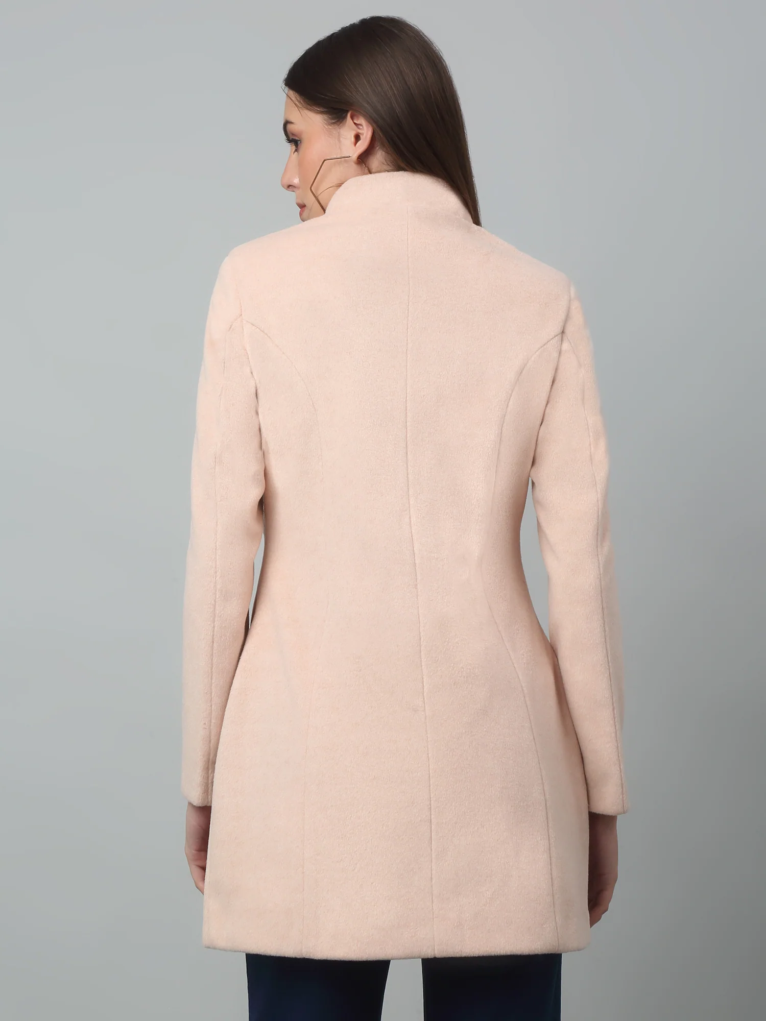 Women's Casual  Pink Single breasted  Stand Collar Long Coat - Image 5
