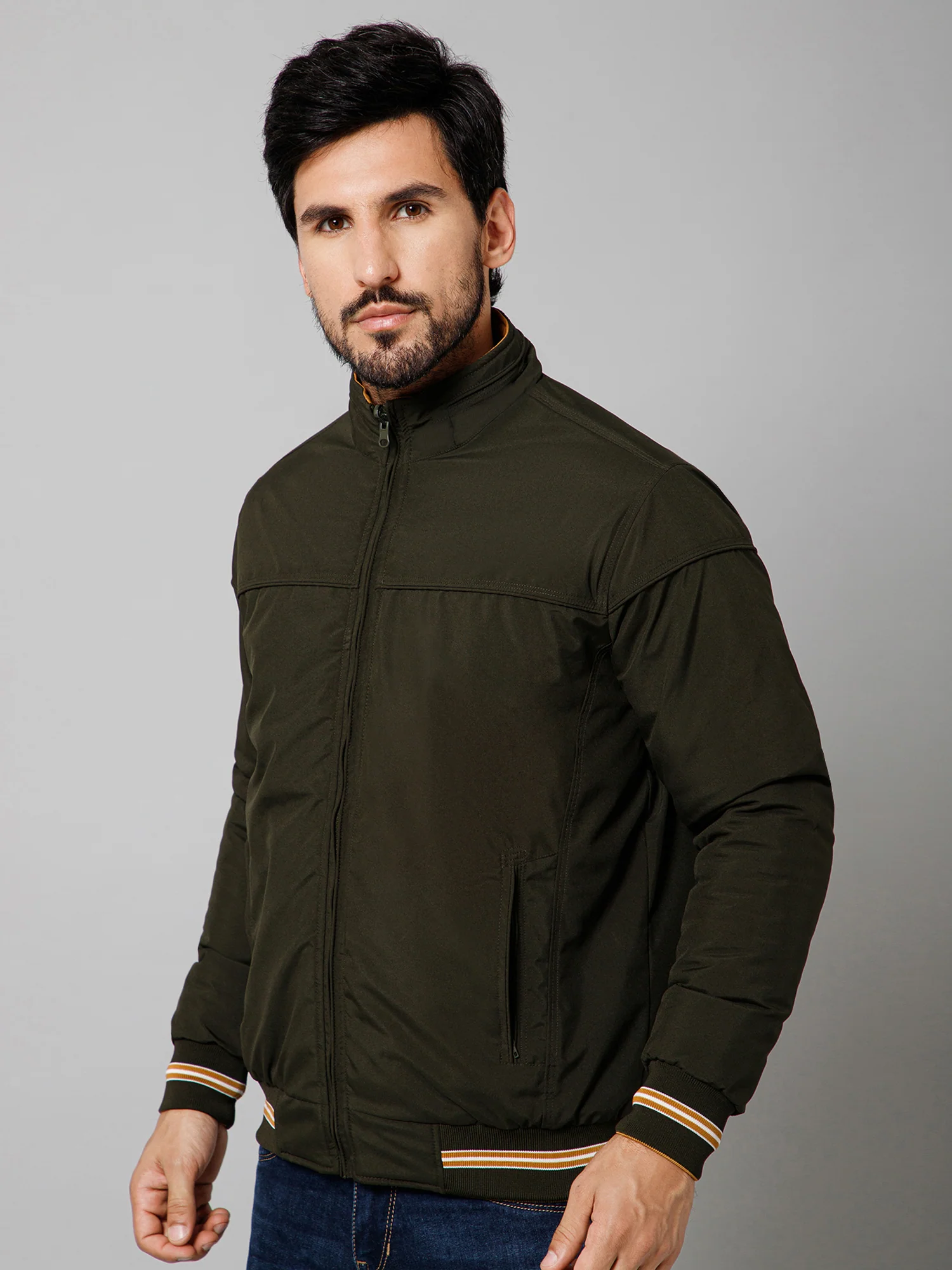 Solid Full Sleeves Mock Collar Regular Fit Olive Casual Reversible Jacket for Men - Image 2