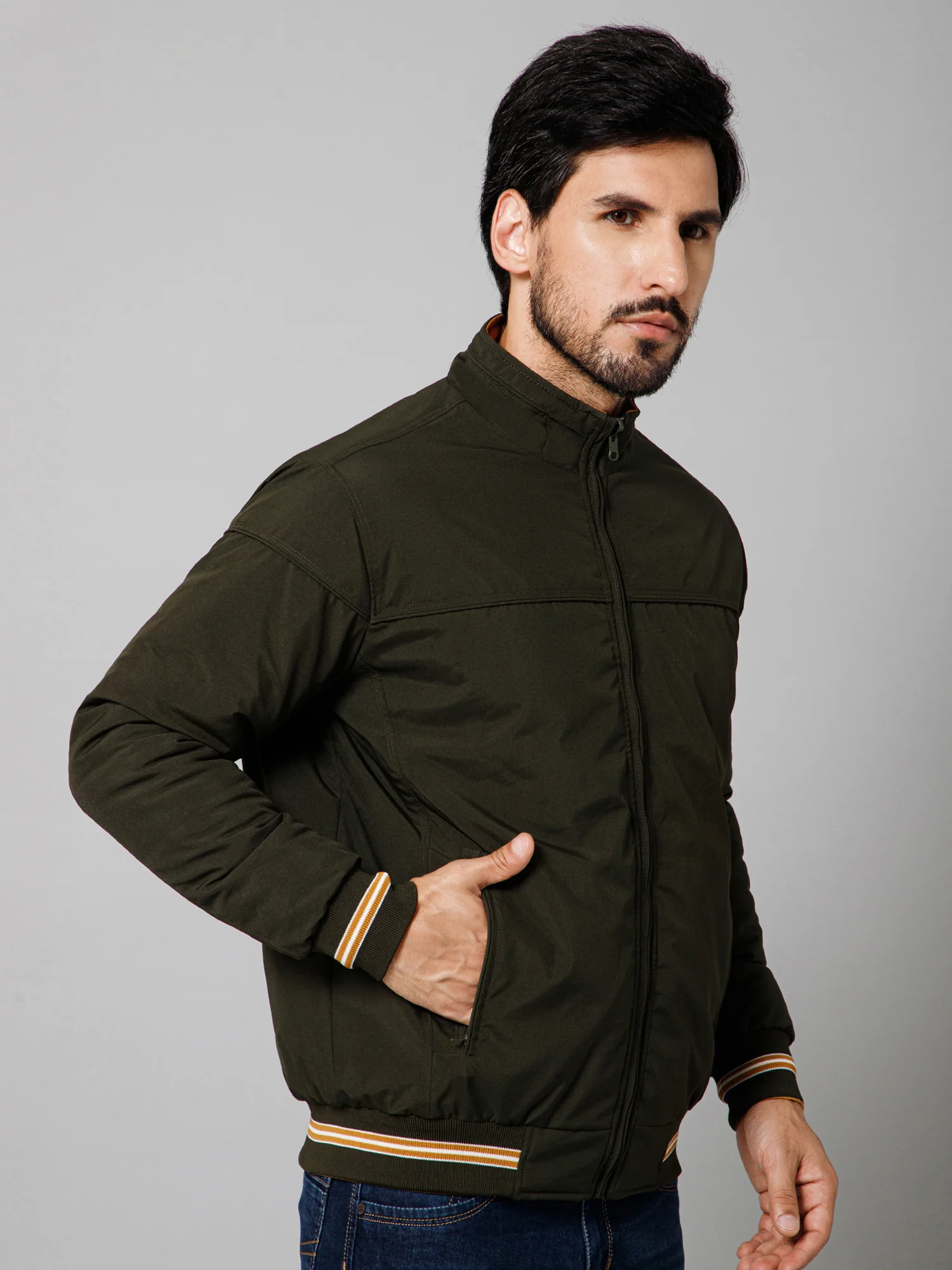 Solid Full Sleeves Mock Collar Regular Fit Olive Casual Reversible Jacket for Men - Image 3