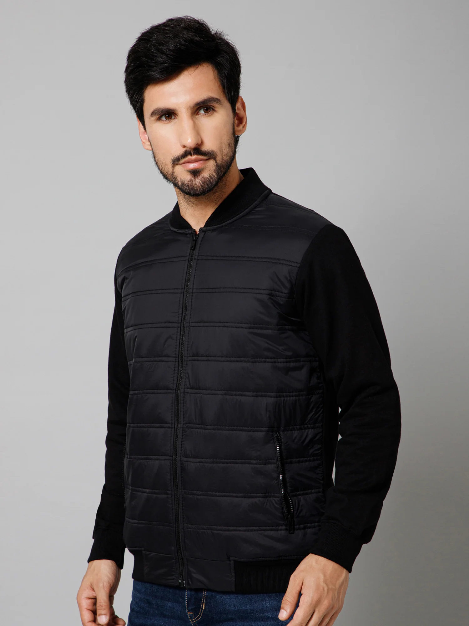 Solid Full Sleeves Mock Collar Regular Fit Black Casual Jacket For Men - Image 2