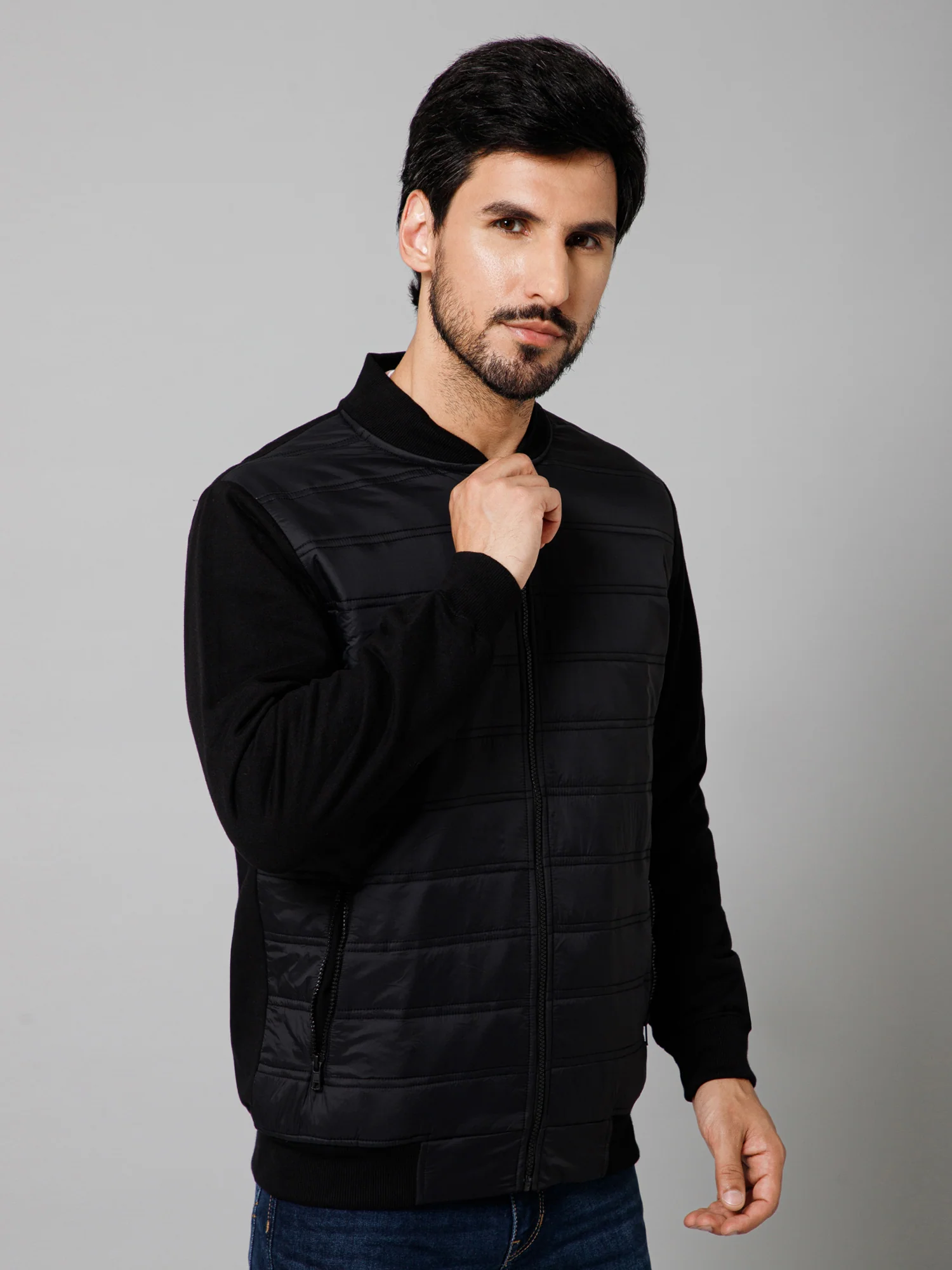 Solid Full Sleeves Mock Collar Regular Fit Black Casual Jacket For Men - Image 3