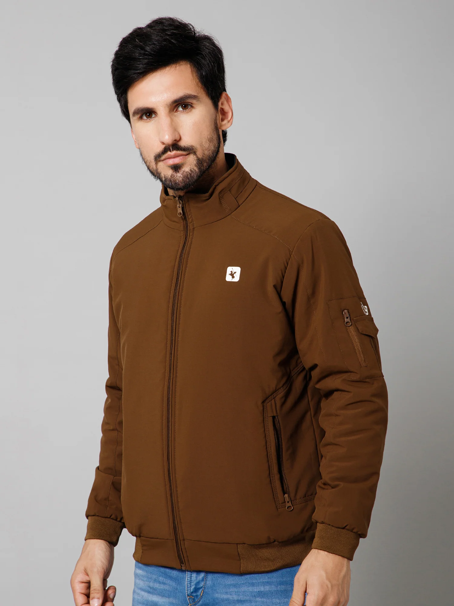 Solid Full Sleeves Mock Collar Regular Fit Brown Casual Reversible Jacket for Mens - Image 2