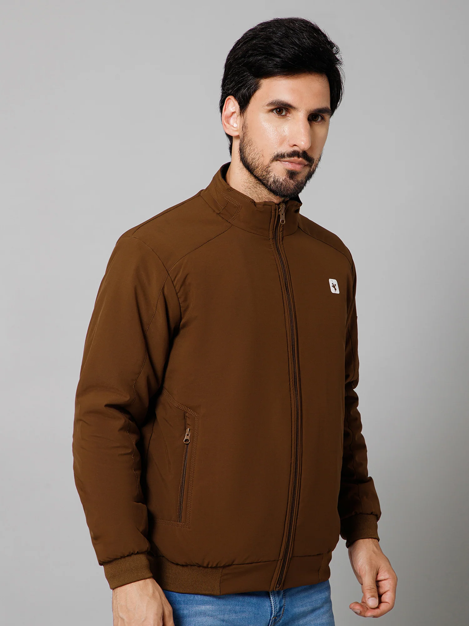 Solid Full Sleeves Mock Collar Regular Fit Brown Casual Reversible Jacket for Mens - Image 3