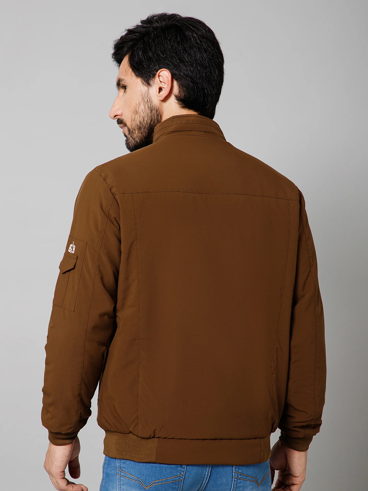 Solid Full Sleeves Mock Collar Regular Fit Brown Casual Reversible Jacket for Mens - Image 4