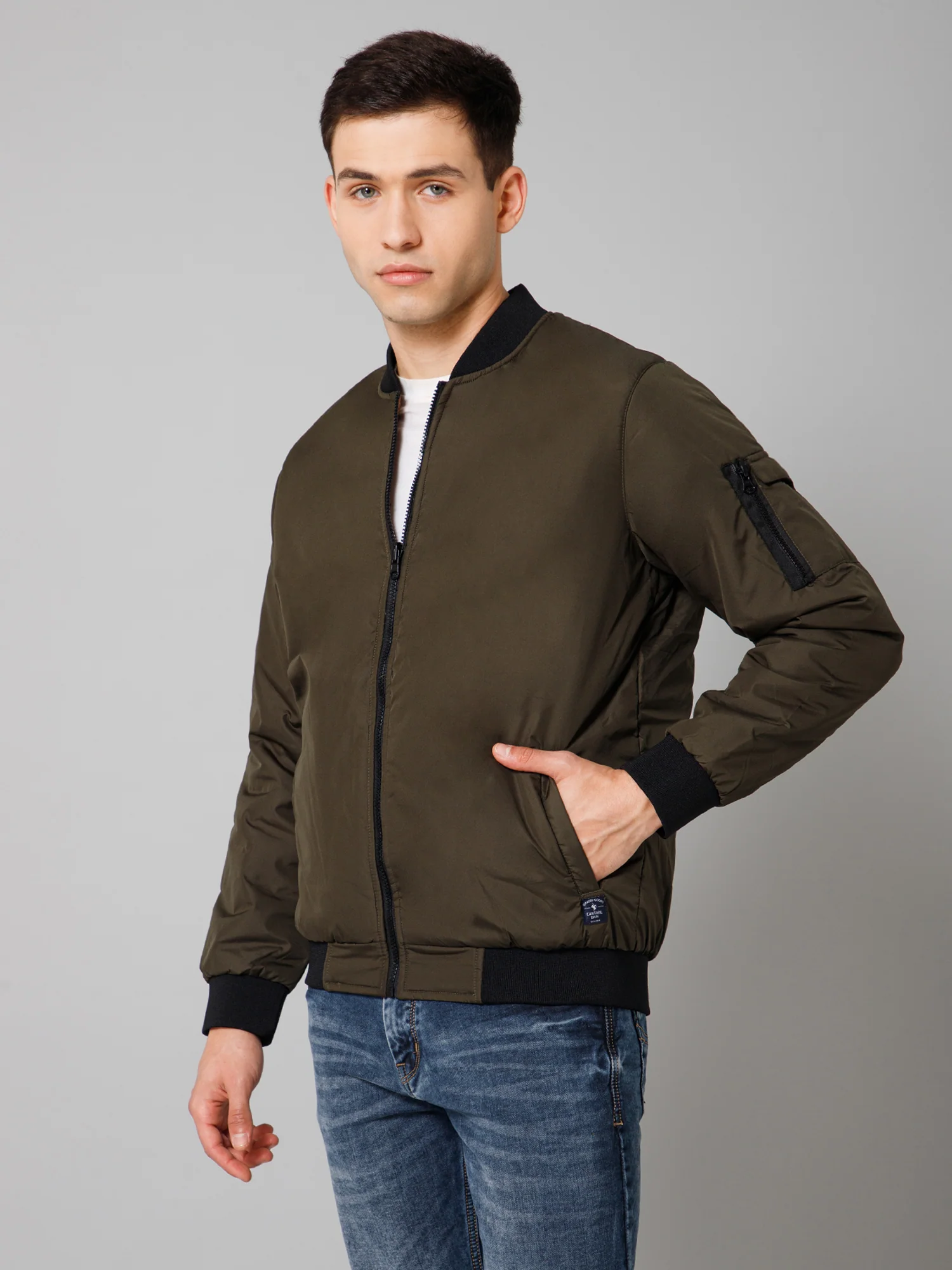 Solid Full Sleeves Mock Collar Regular Fit Olive Casual Reversible Jacket For Men - Image 2