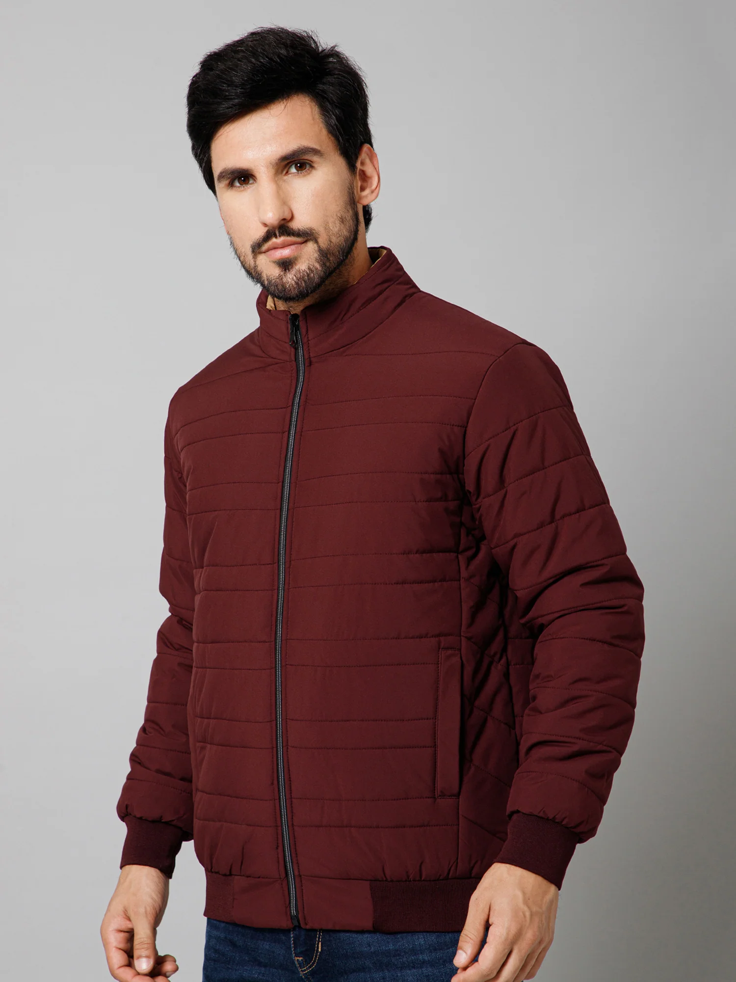 Solid Full Sleeves Mock Collar Regular Fit Wine Casual Reversible Jacket For Men - Image 2