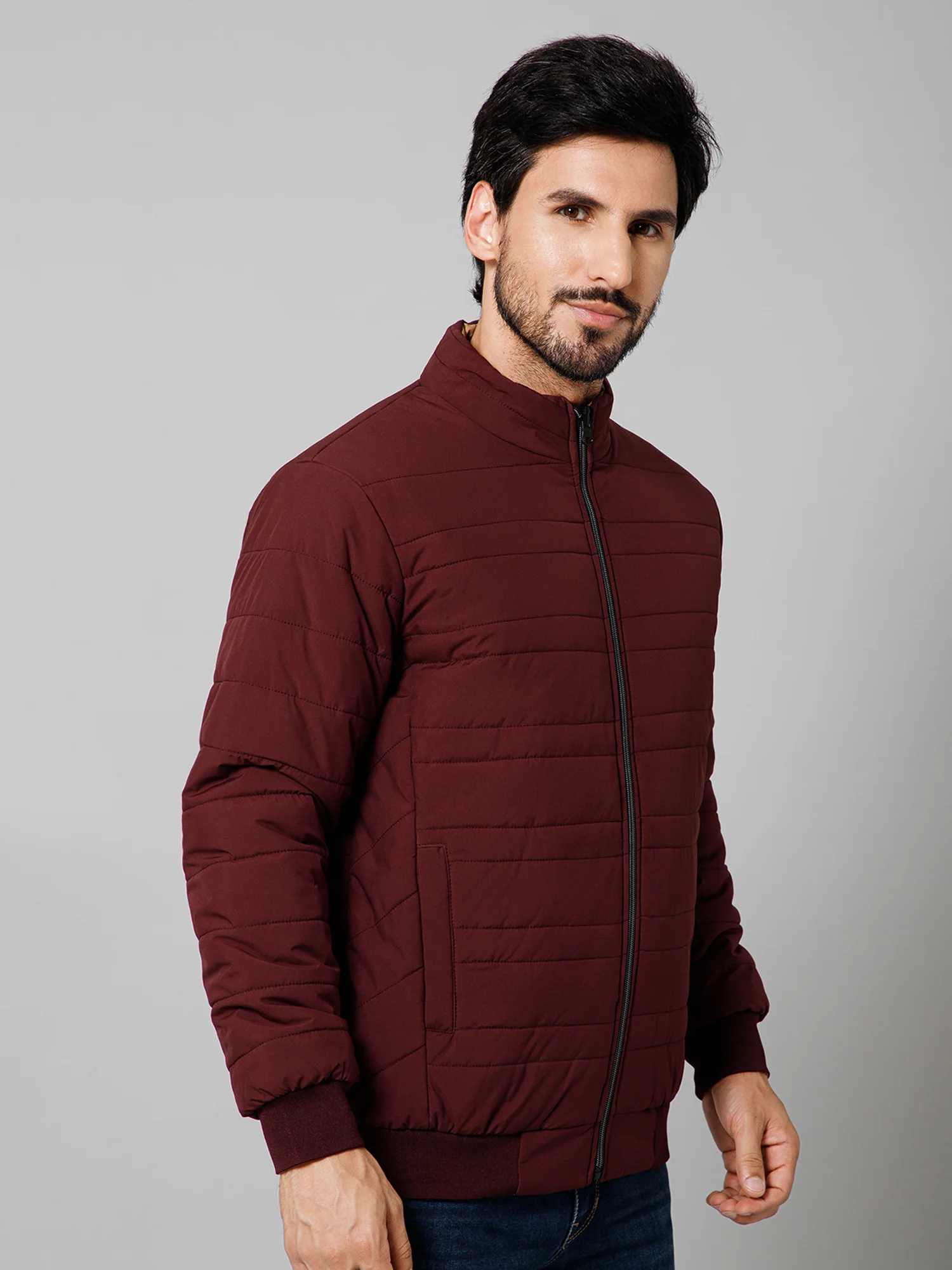 Solid Full Sleeves Mock Collar Regular Fit Wine Casual Reversible Jacket For Men - Image 3