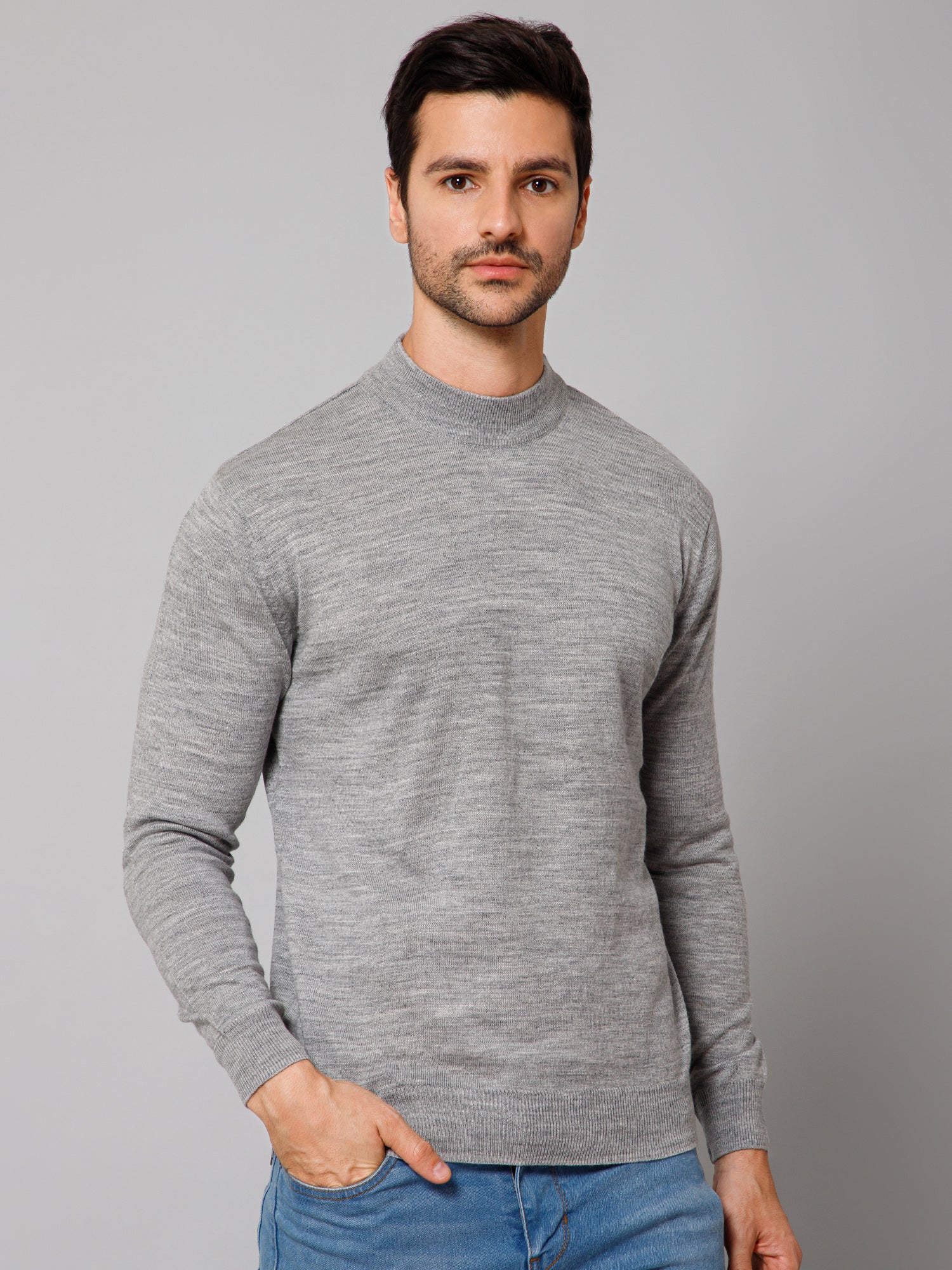 Solid Grey Full Sleeves Round Neck Regular Fit Casual Sweater for Men - Image 3