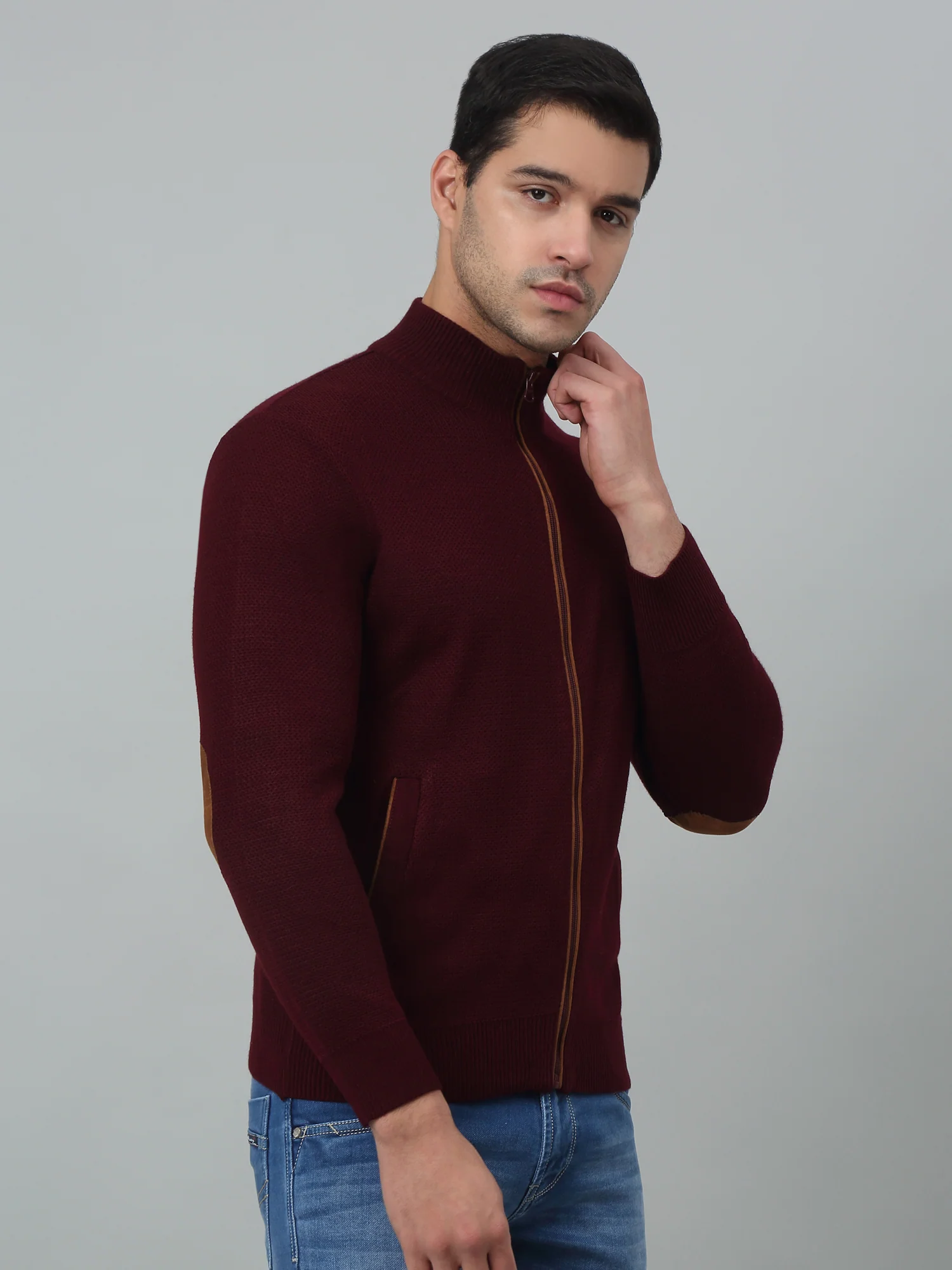 Solid Maroon Full Sleeves Band Collar Regular Fit Casual Sweater for Men - Image 2