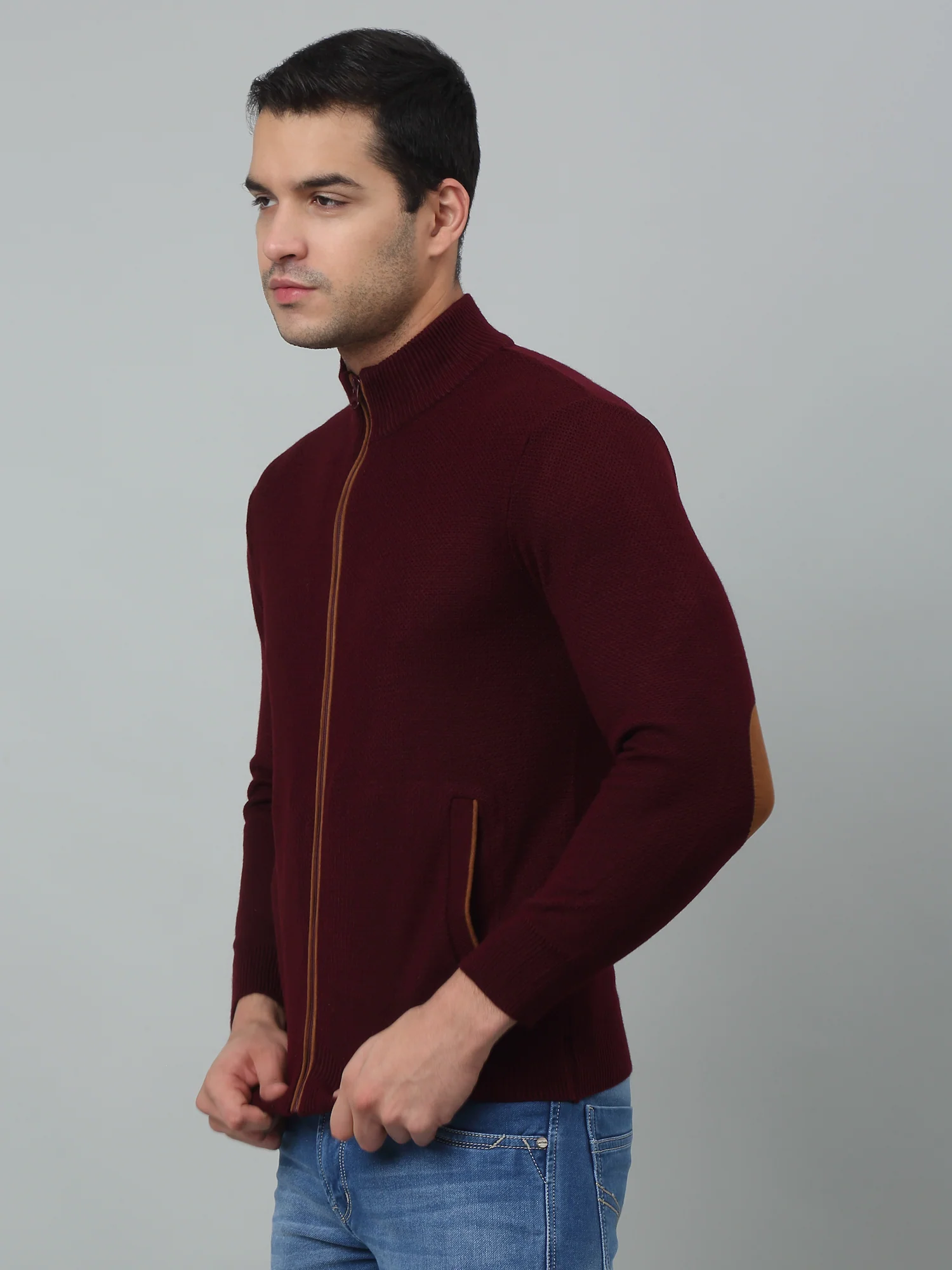 Solid Maroon Full Sleeves Band Collar Regular Fit Casual Sweater for Men - Image 3
