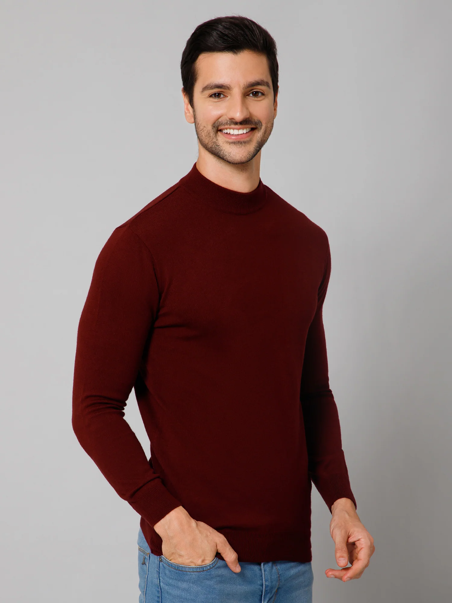 Solid Maroon Full Sleeves Round Neck Regular Fit Casual Sweater for Men - Image 3