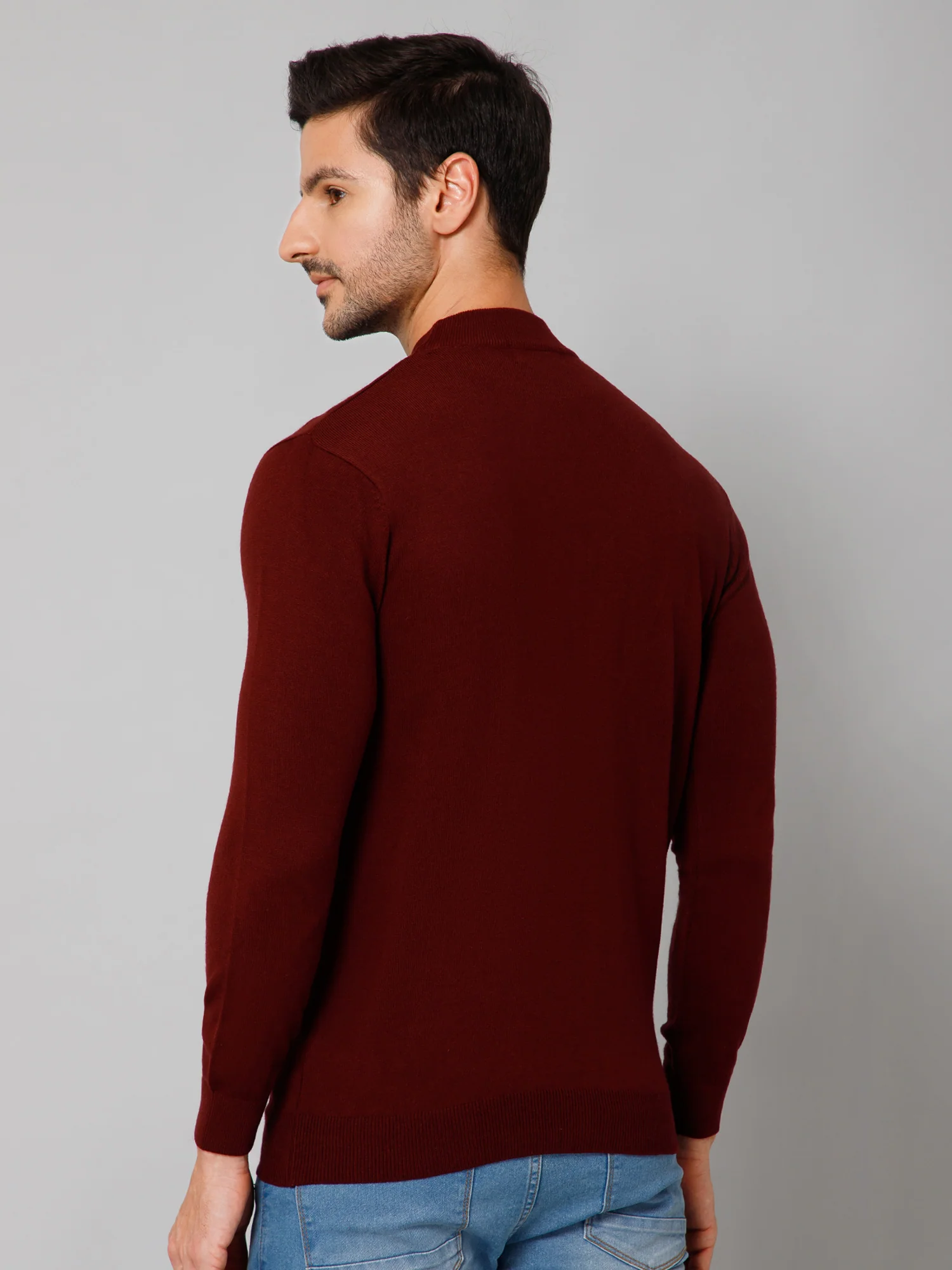 Solid Maroon Full Sleeves Round Neck Regular Fit Casual Sweater for Men - Image 4