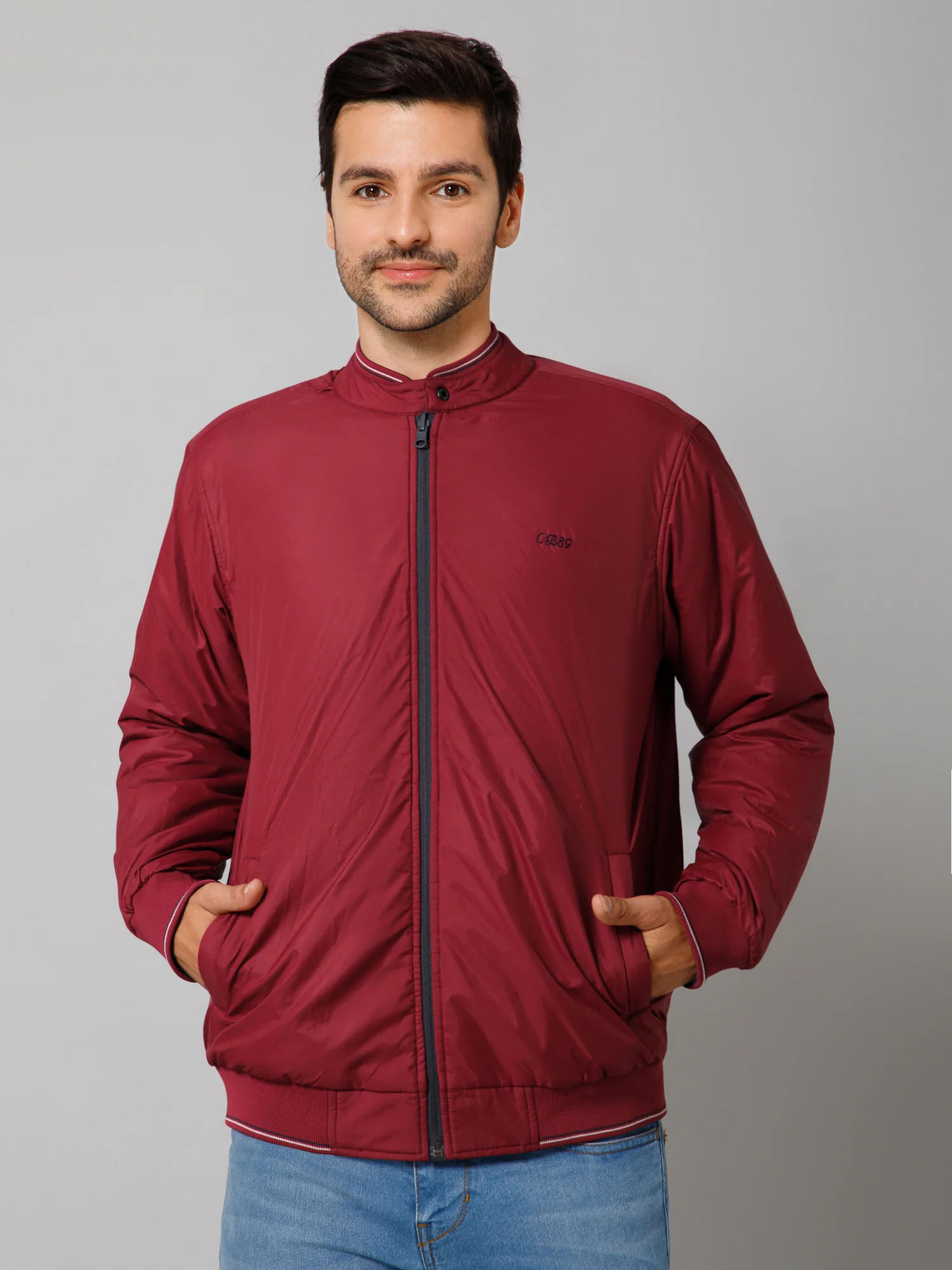 Solid Navy and Maroon Full Sleeves Mock Collar Regular Fit Reversible Casual Jacket For Men - Image 2