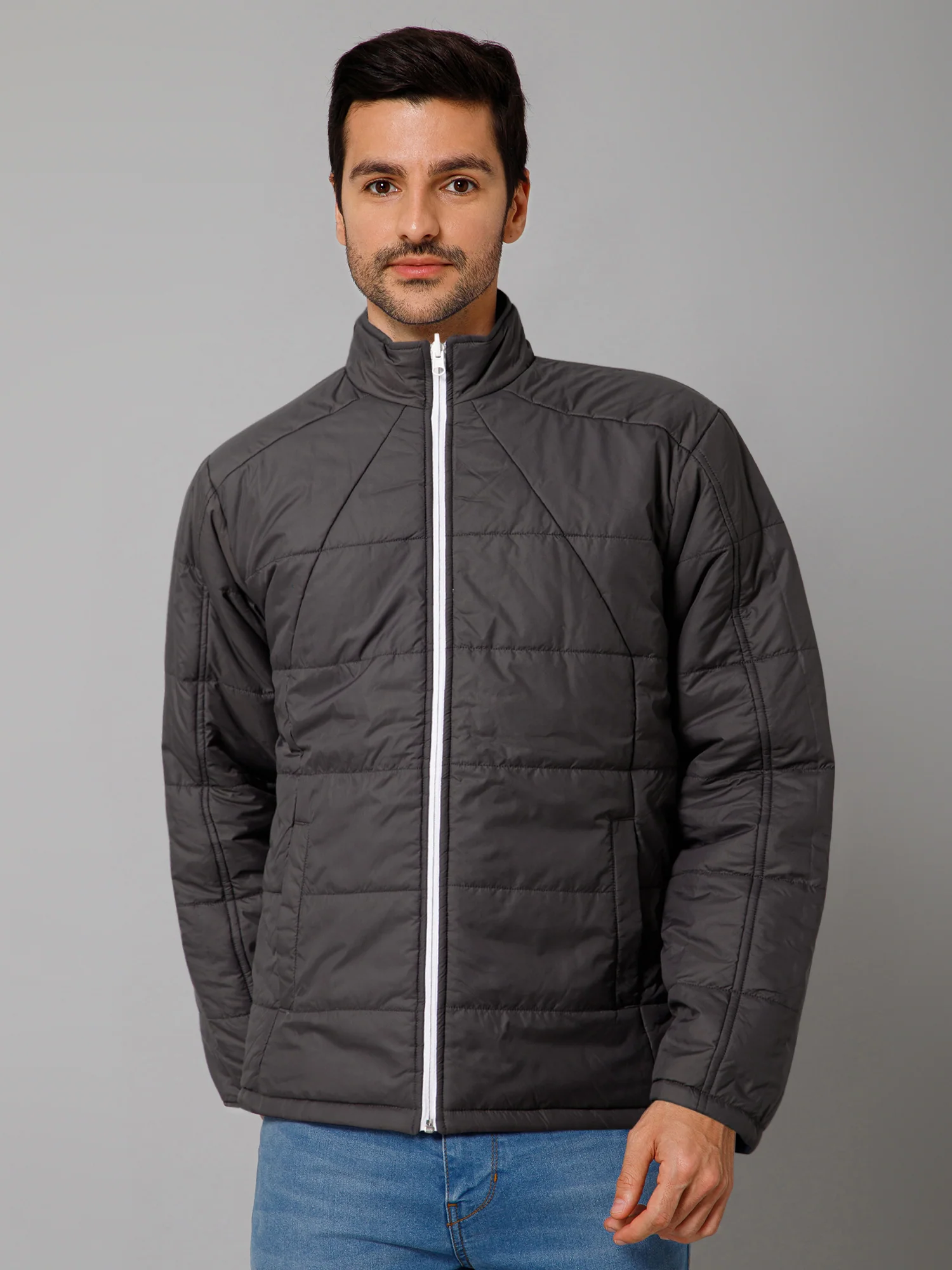 Color Blocked Navy and Grey Full Sleeves Mock Collar Regular Fit Reversible Casual Jacket For Men - Image 2