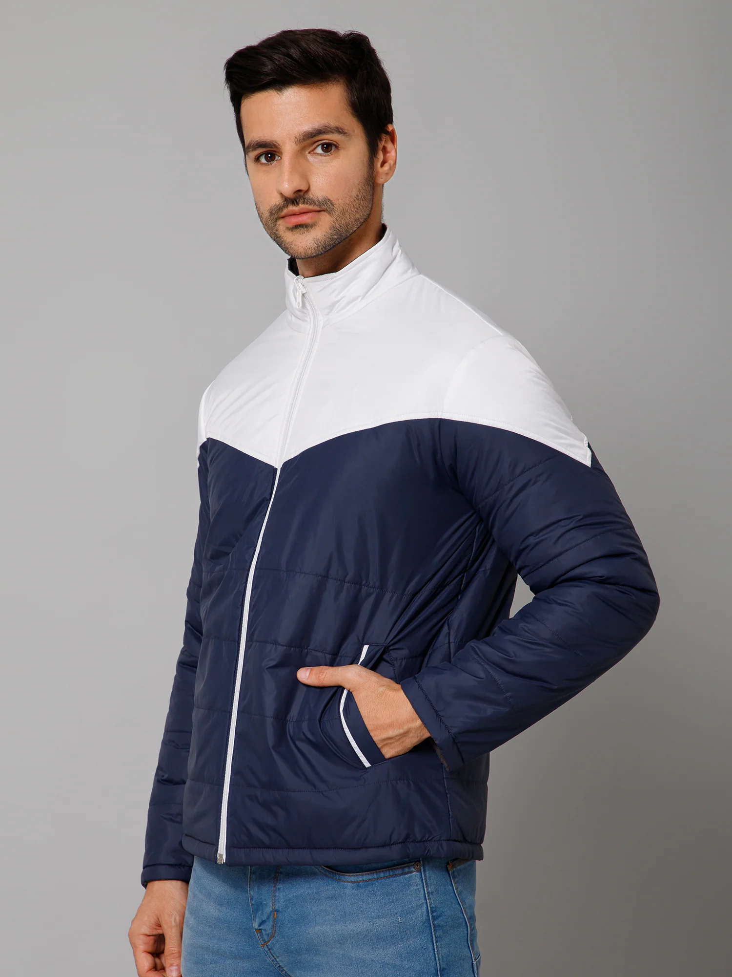 Color Blocked Navy and Grey Full Sleeves Mock Collar Regular Fit Reversible Casual Jacket For Men - Image 3