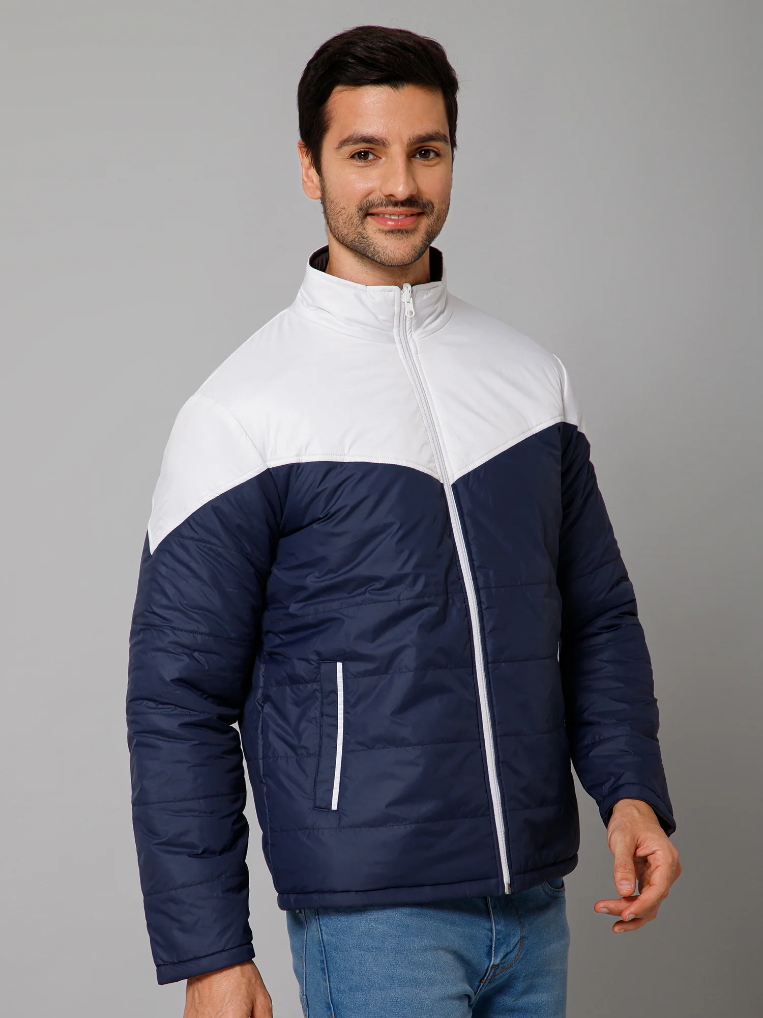 Color Blocked Navy and Grey Full Sleeves Mock Collar Regular Fit Reversible Casual Jacket For Men - Image 4