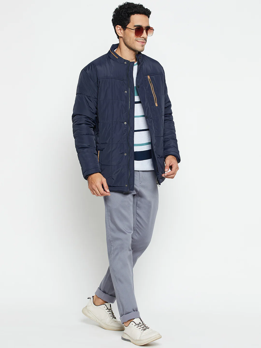 Solid Navy Blue Full Sleeves Mock Collar Regular Fit Casual Jacket for Men - Image 2