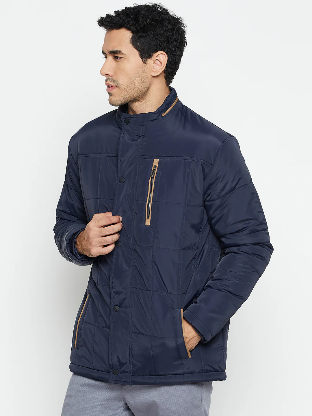 Solid Navy Blue Full Sleeves Mock Collar Regular Fit Casual Jacket for Men - Image 3
