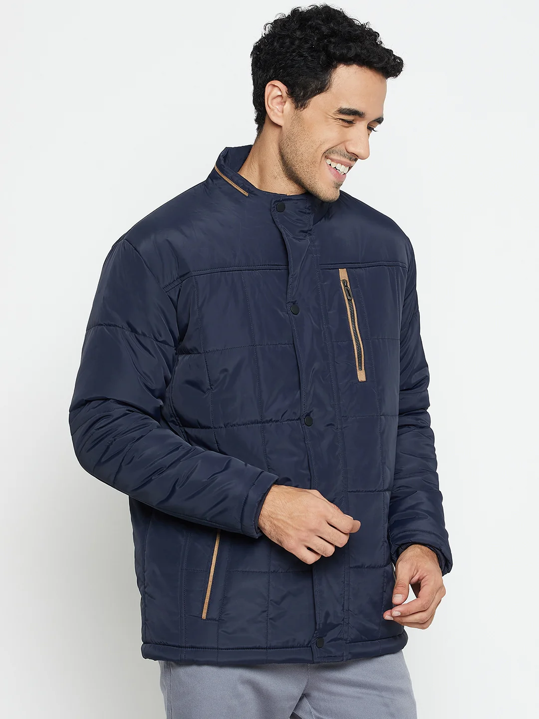 Solid Navy Blue Full Sleeves Mock Collar Regular Fit Casual Jacket for Men - Image 4