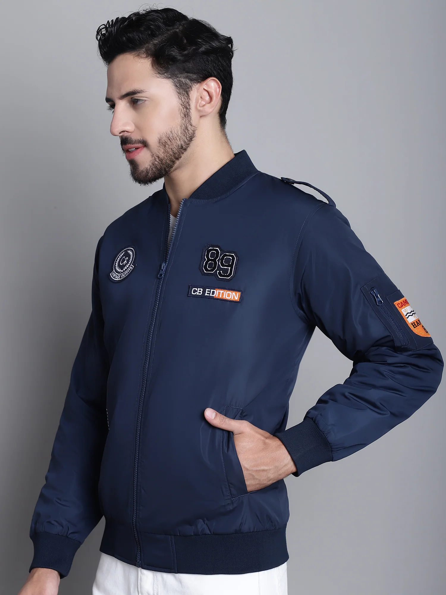 Solid Navy Blue Full Sleeves Mock Collar Regular Fit Casual Jacket for Men - Image 3