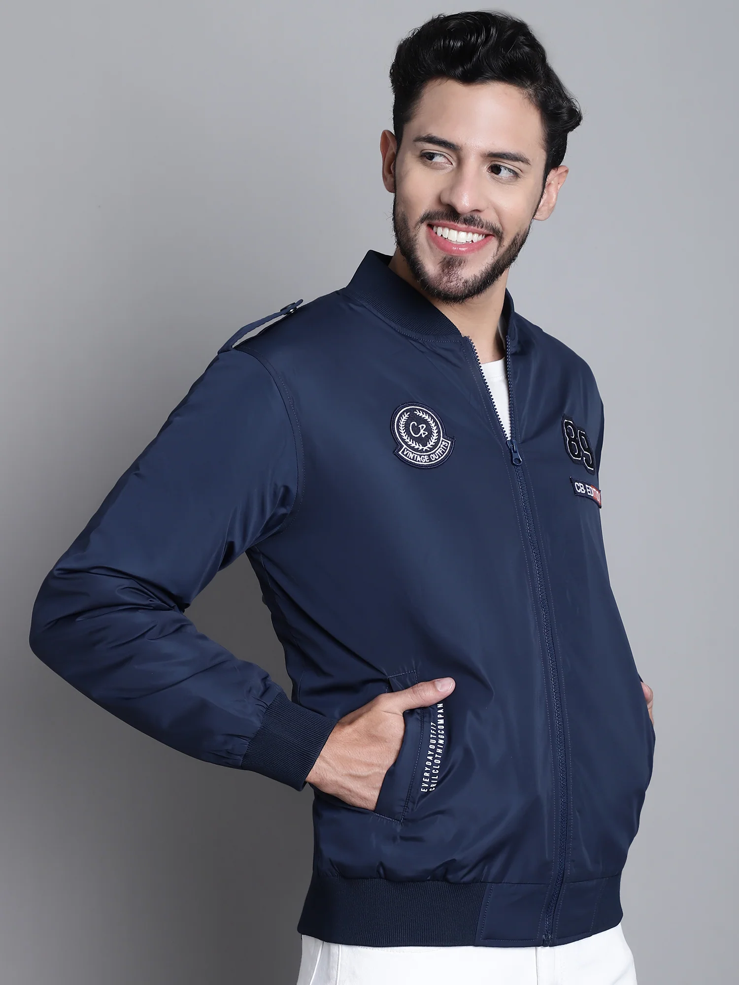Solid Navy Blue Full Sleeves Mock Collar Regular Fit Casual Jacket for Men - Image 4