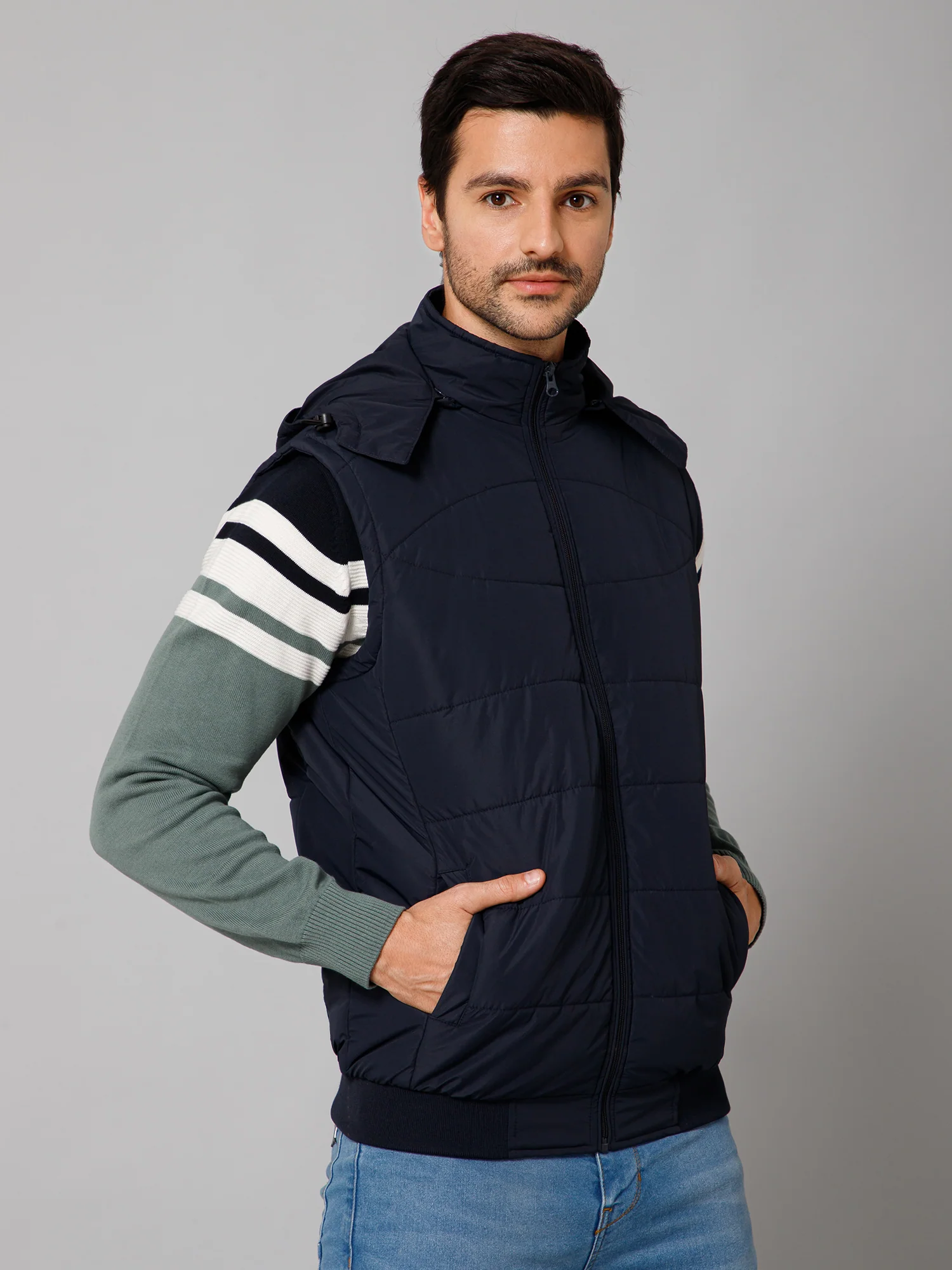 Solid Navy Blue Sleeveless Hooded Neck Regular Fit Casual Jacket for Men - Image 3