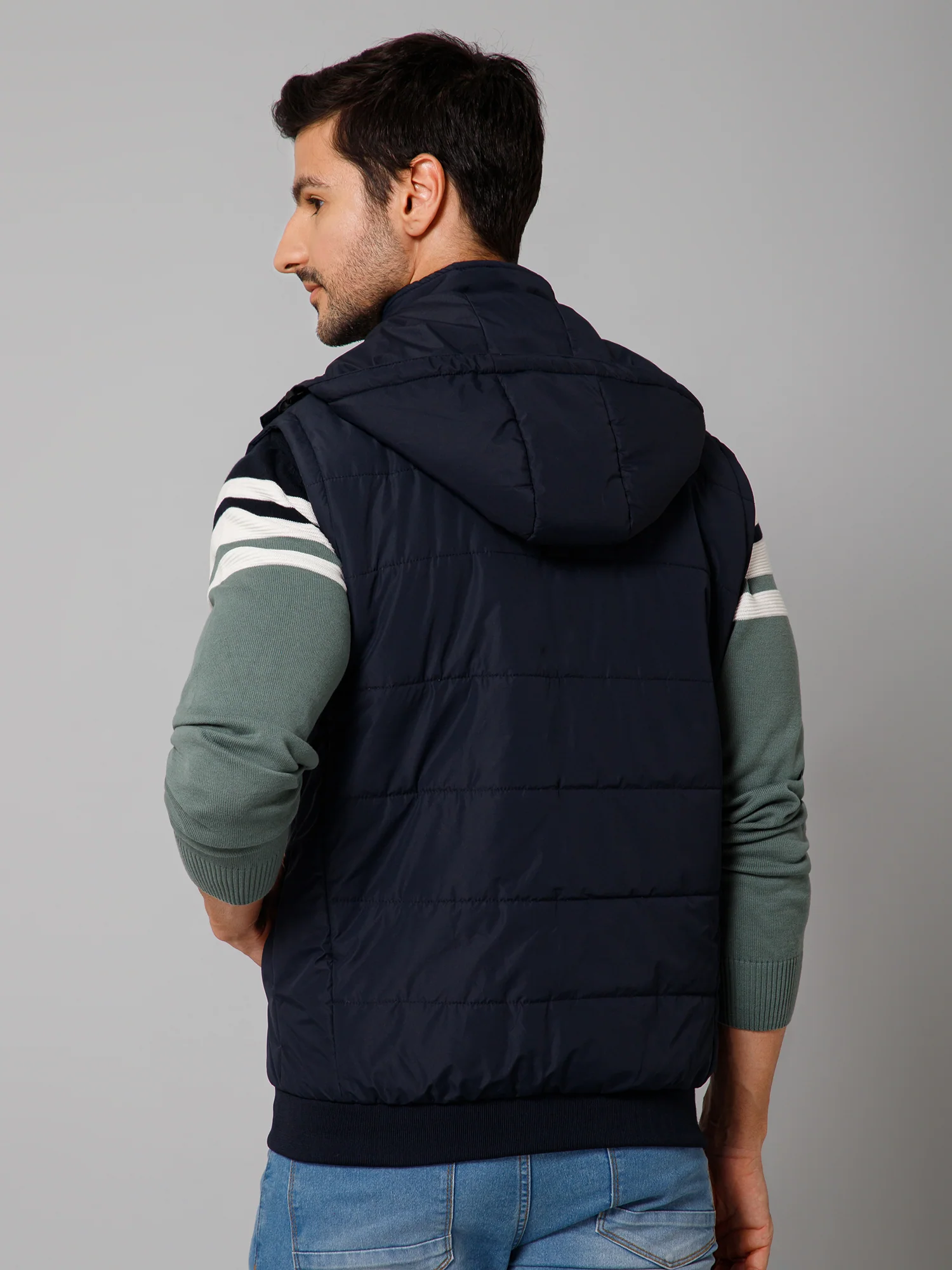 Solid Navy Blue Sleeveless Hooded Neck Regular Fit Casual Jacket for Men - Image 4