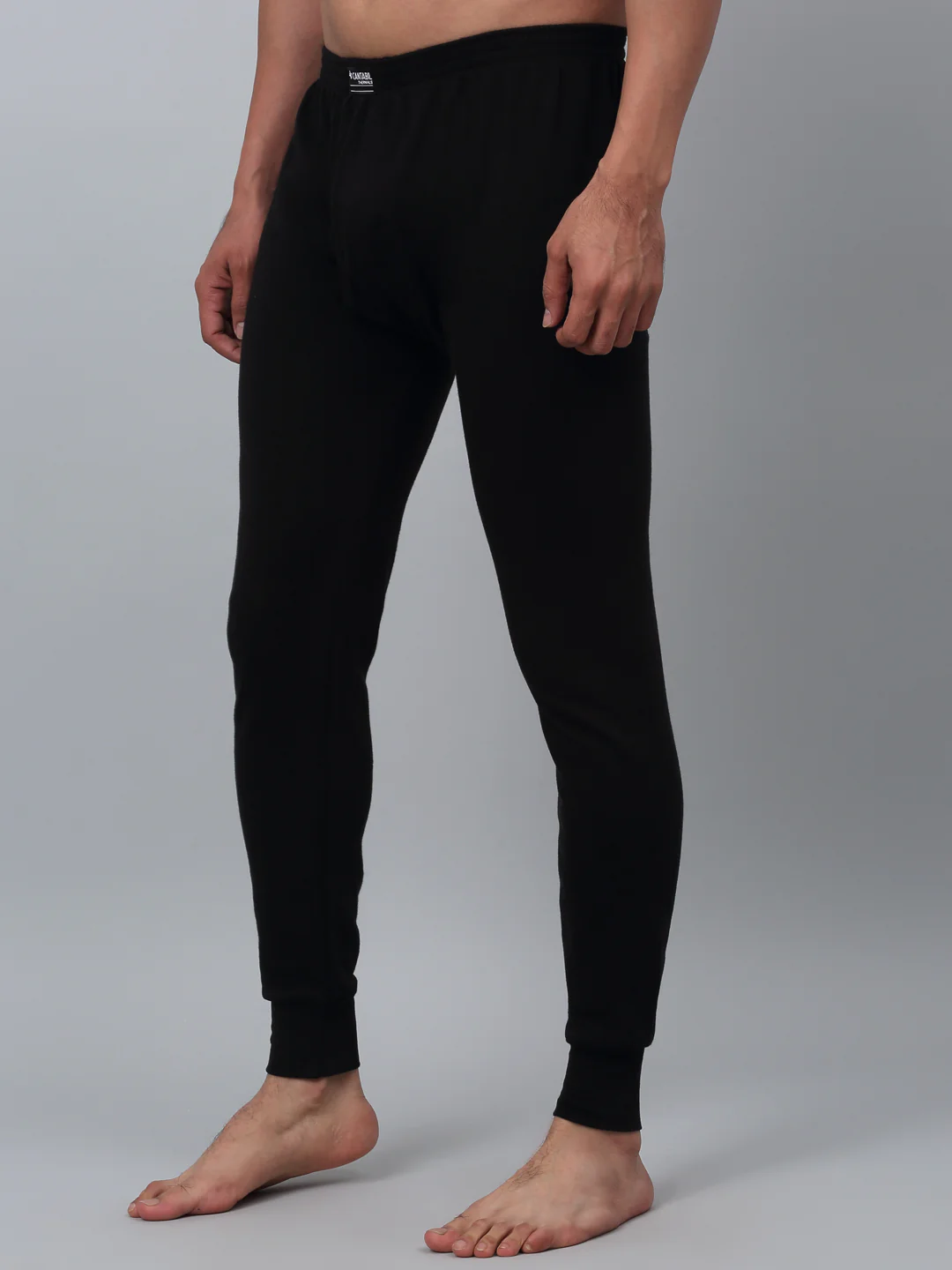 Solid Non Pleated Regular Fit Mid Rise Black Thermal Bottom For Men - Image 2